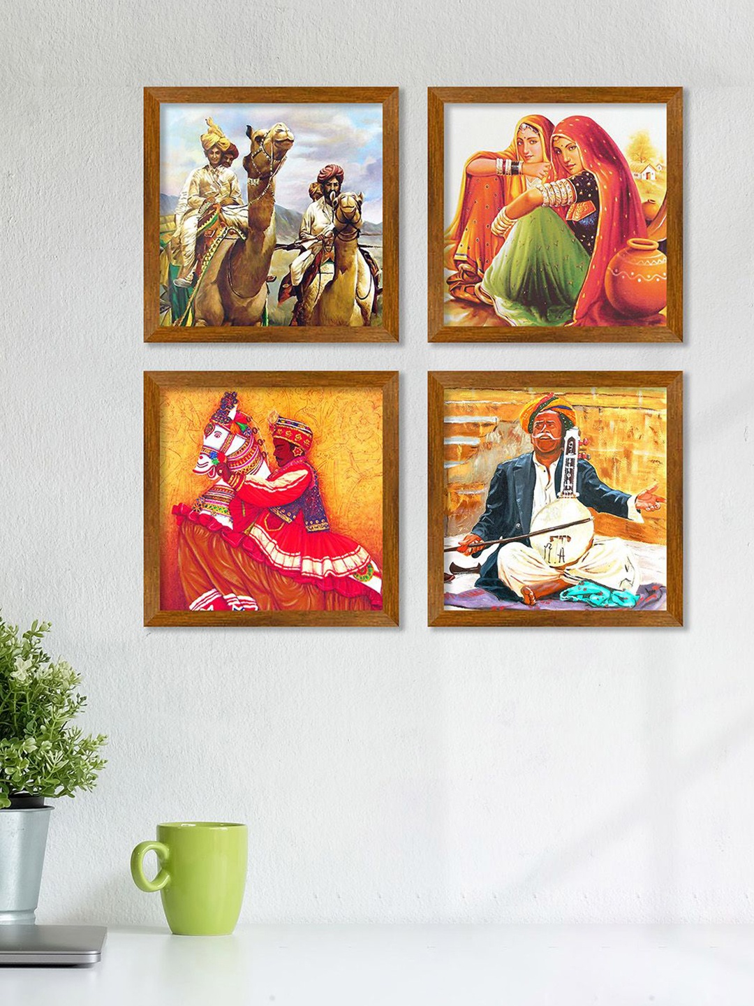 

ArtVibes Red & Yellow 4 Pieces Wooden Traditional Rajasthani Paintings Wall Art