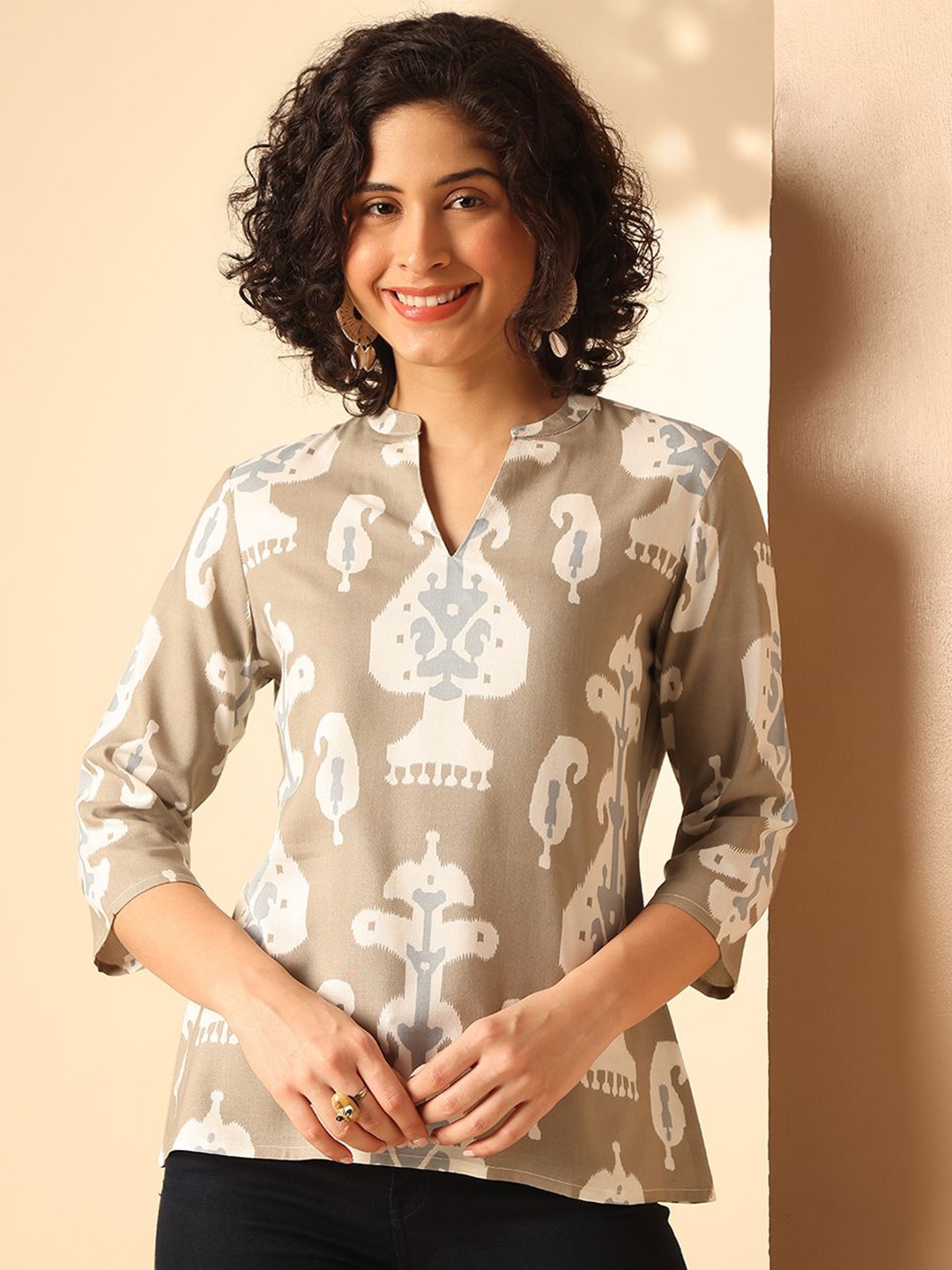 

Anouk Rustic Ikat Printed Mandarin Collar Regular Top, Grey