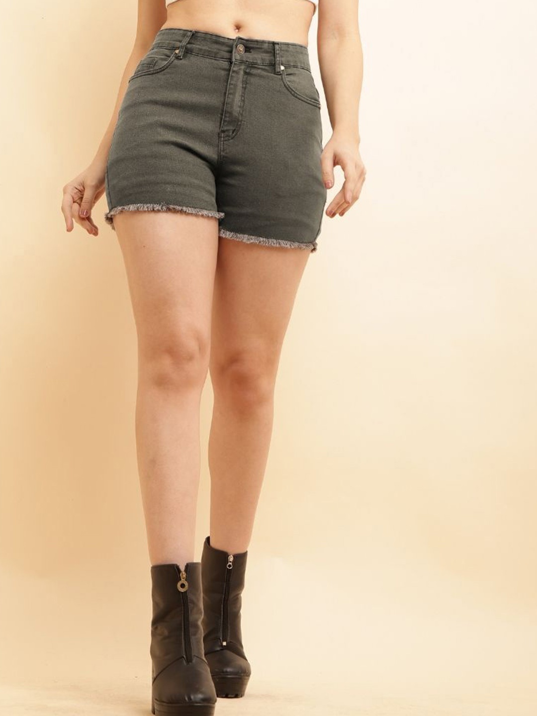 

PUELLA Women Washed Mid-Rise Denim Shorts, Olive