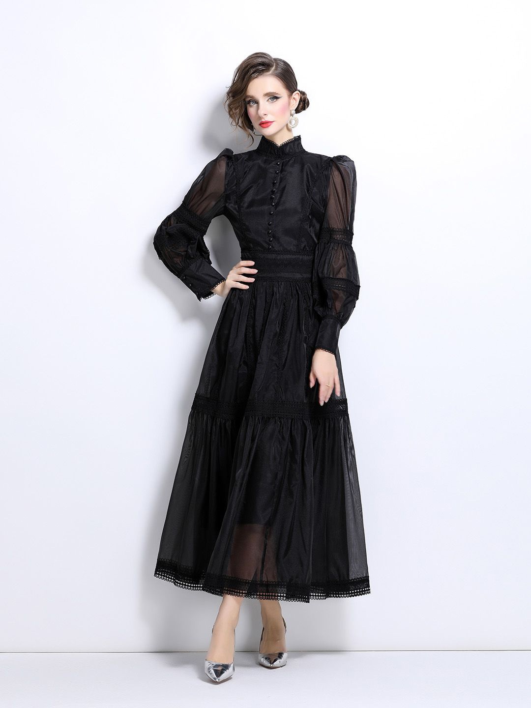 

JC Collection Women Mandarin Collar Long Cuffed Sleeves Maxi Dress, Black