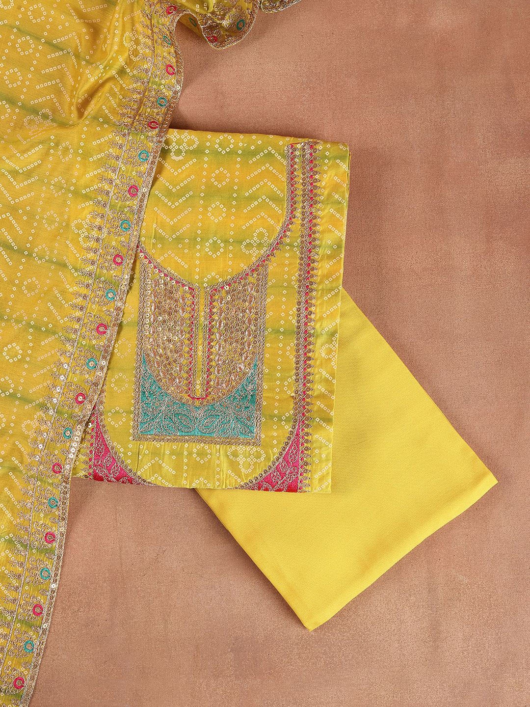 

Libas Yellow Bandhani Embroidered Sequined Unstitched Dress Material