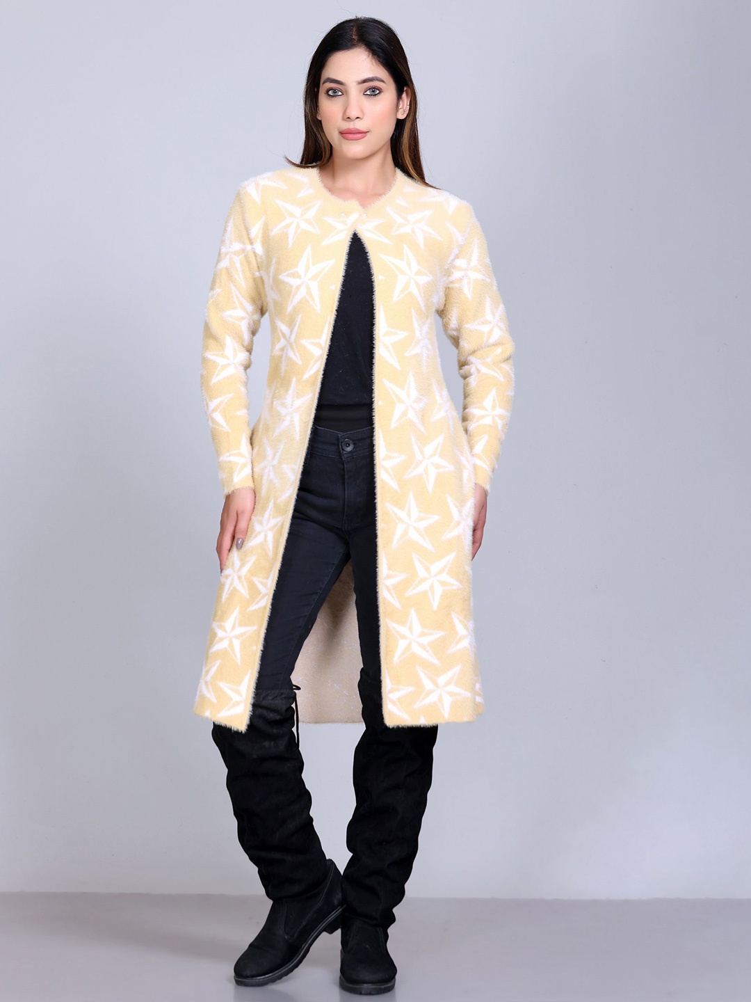 

Winter Wonders Geometric Printed Longline Woollen Shrug, Yellow