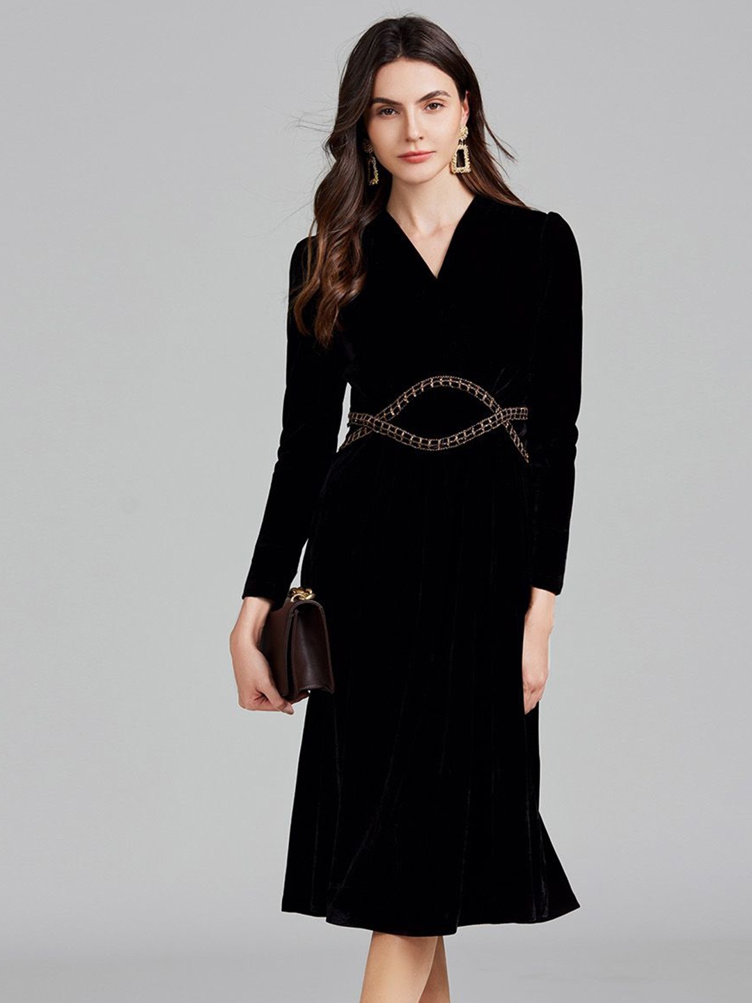 

JC Collection V-Neck Long Sleeves A-Line Dress, Black