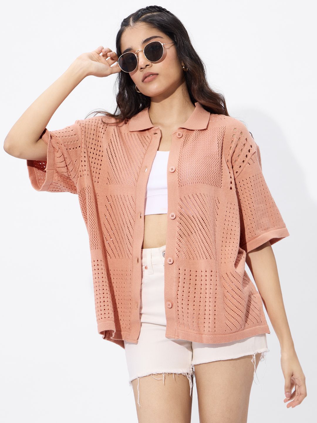 

The Souled Store Women Knitted Oversize Casual Shirt, Peach