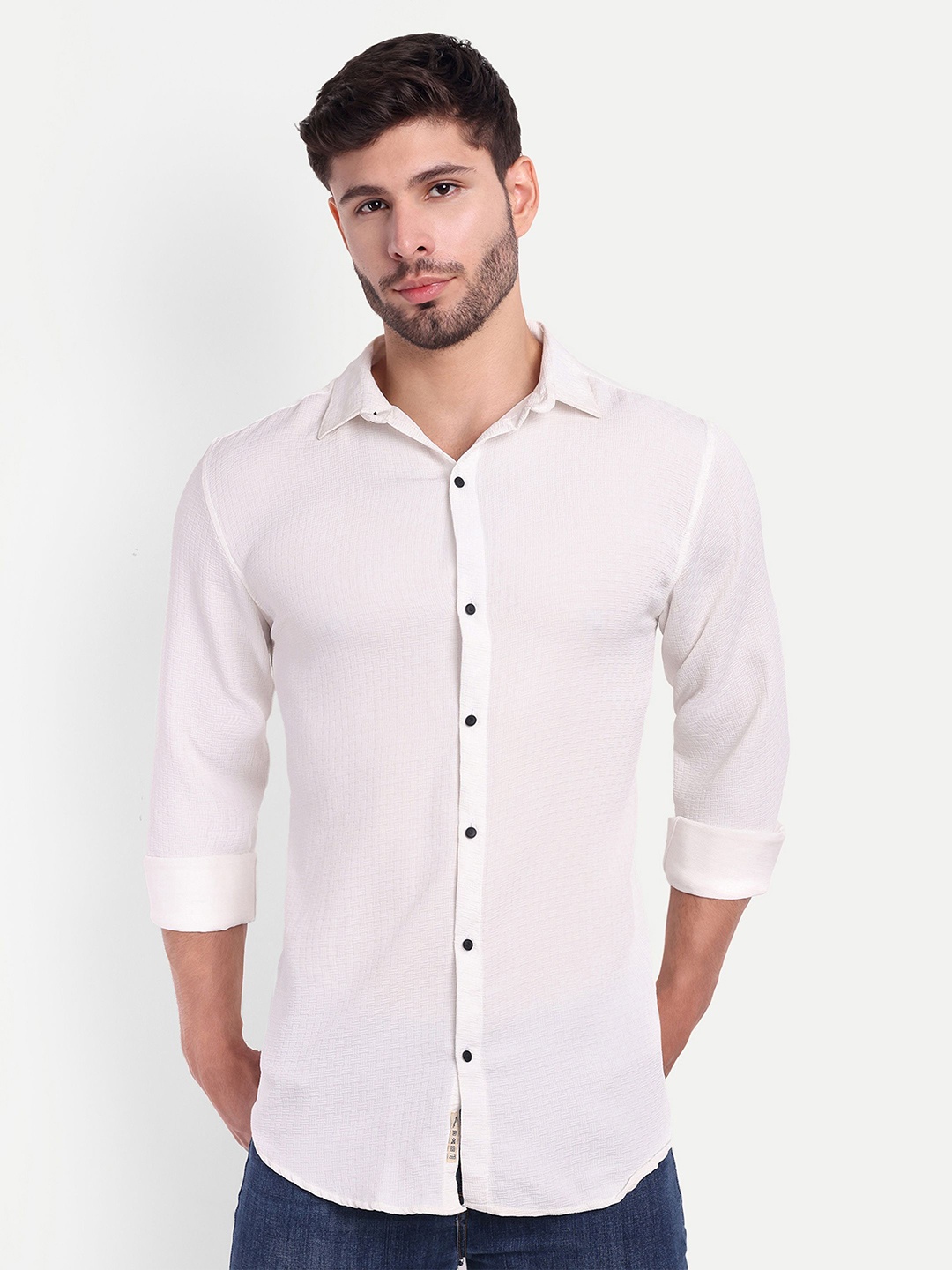 

SUI DHAGA Men Textured Wrinkle-Free Cotton Casual Shirt, White