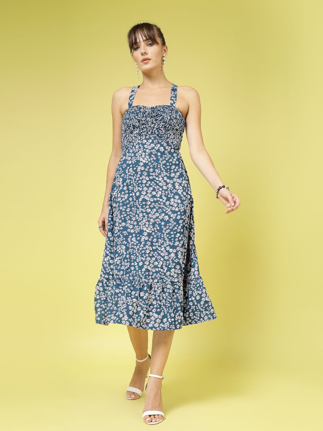 

Oomph! Women Floral Printed Sleeveless Fit & Flare Midi Dress, Blue