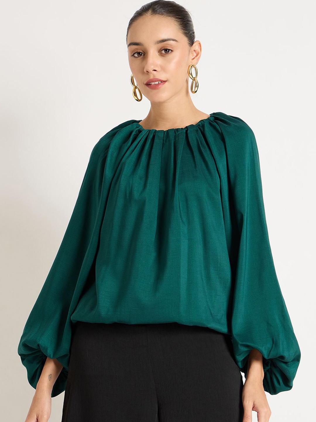 

FEMMELLA Women Boat Neck Blouson Top, Green
