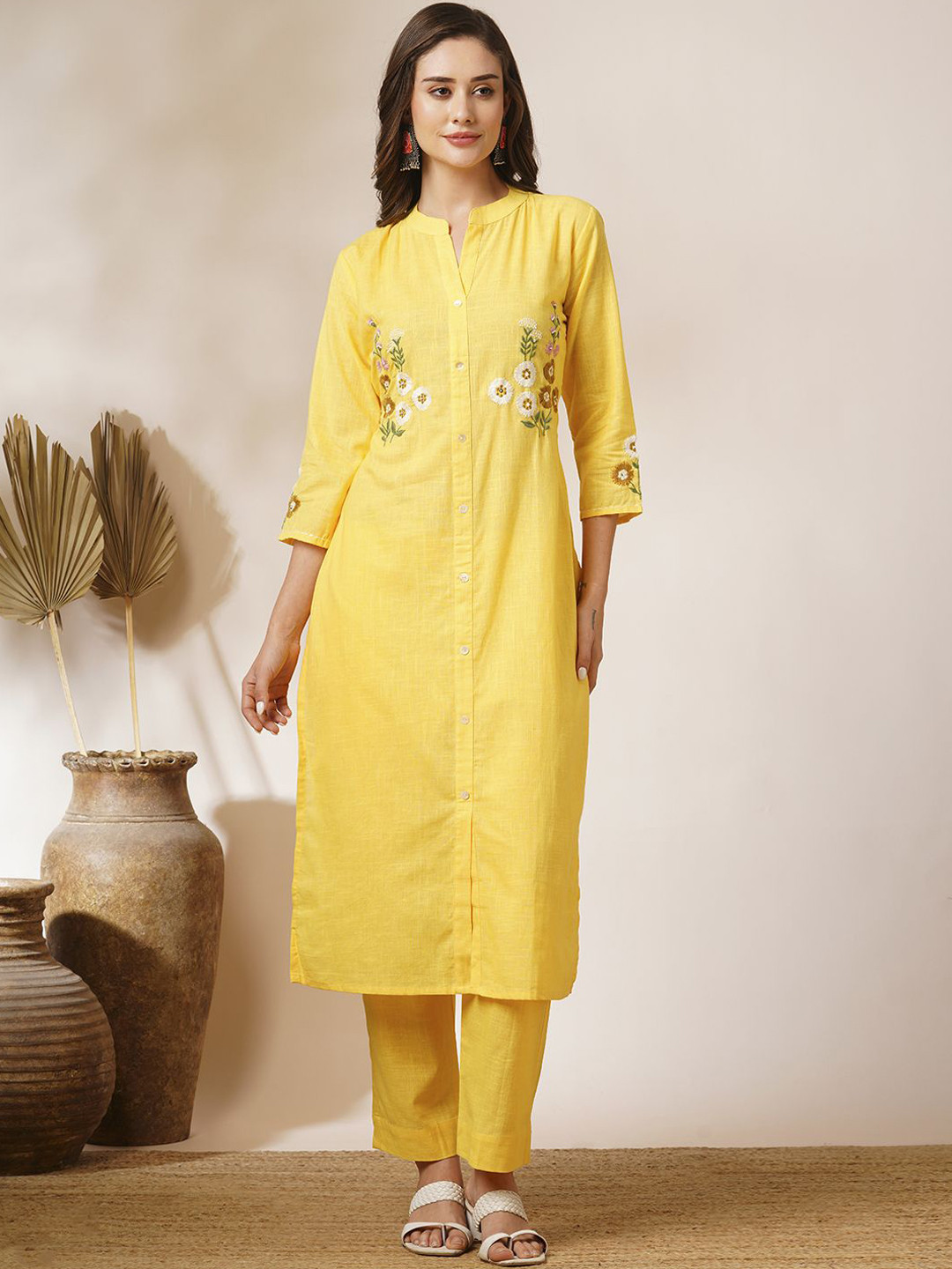 

FASHOR Floral Embroidered Mandarin Collar Three-Quarter Sleeves Pure Cotton Top & Trouser, Yellow
