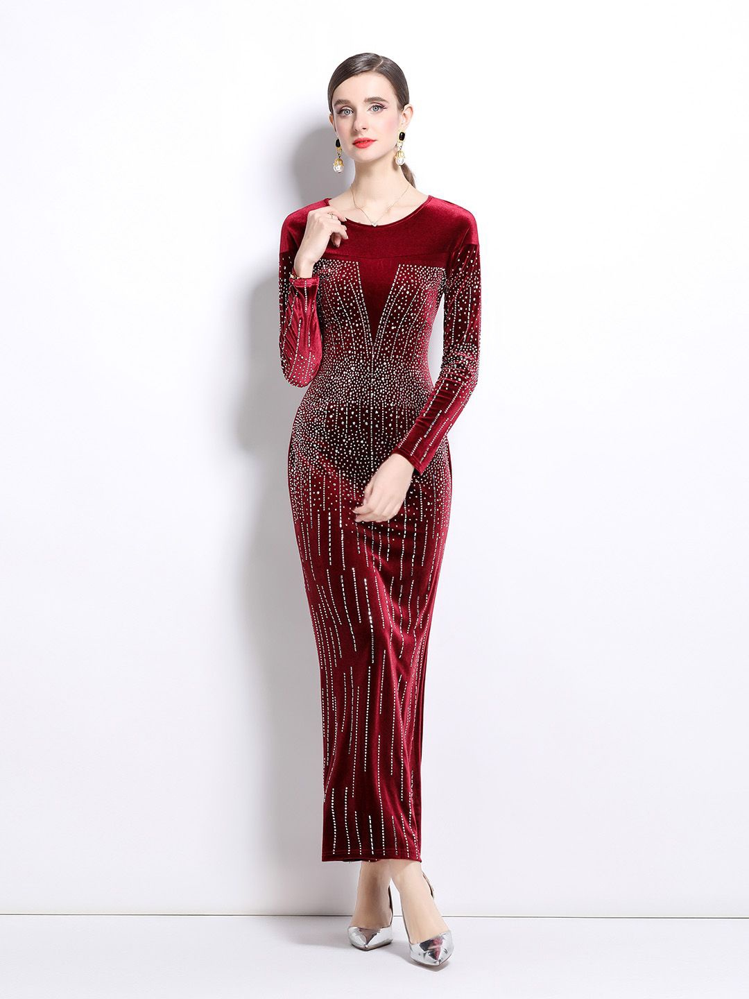 

JC Collection Women Embellished Long Sleeves Maxi Dress, Maroon
