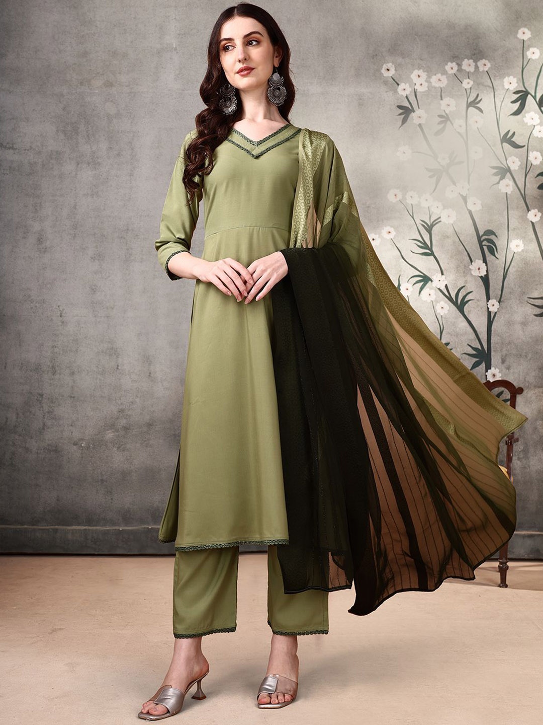 

KALINI V-Neck Anarkali Kurta With Sharara & Dupatta, Green