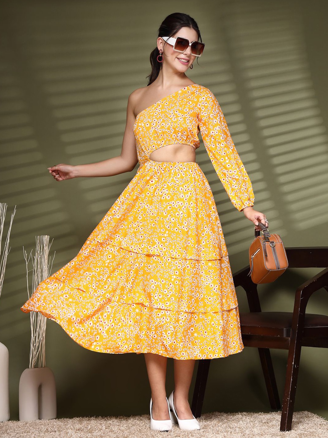 

Oomph! Printed One Shoulder Tiered Fit and Flare Midi Dress With Cut-Outs Details, Orange