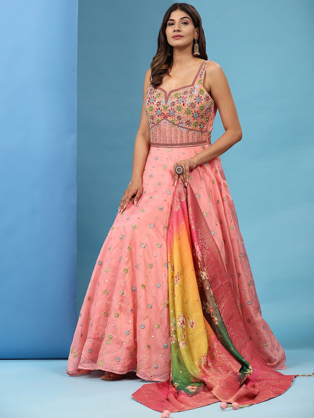 

VANAKARA Women Embroidered Maxi Ethnic Dresses With Dupatta, Pink