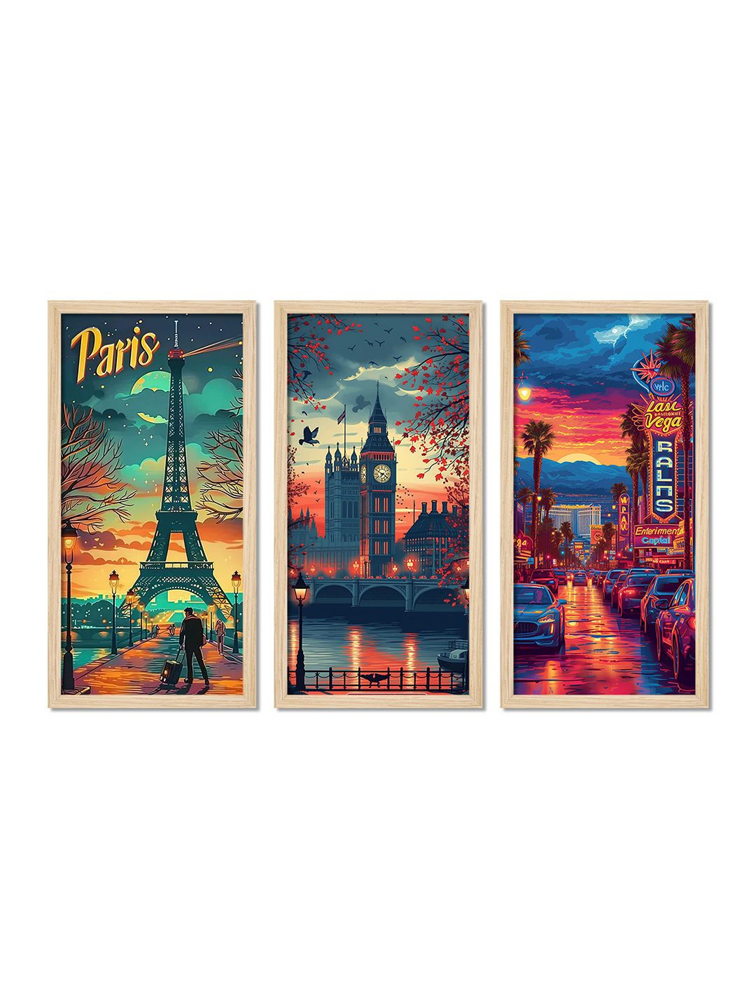 

ArtVibes Blue & Green 3 Pieces Beautiful View of Paris Wooden Painting Wall Arts