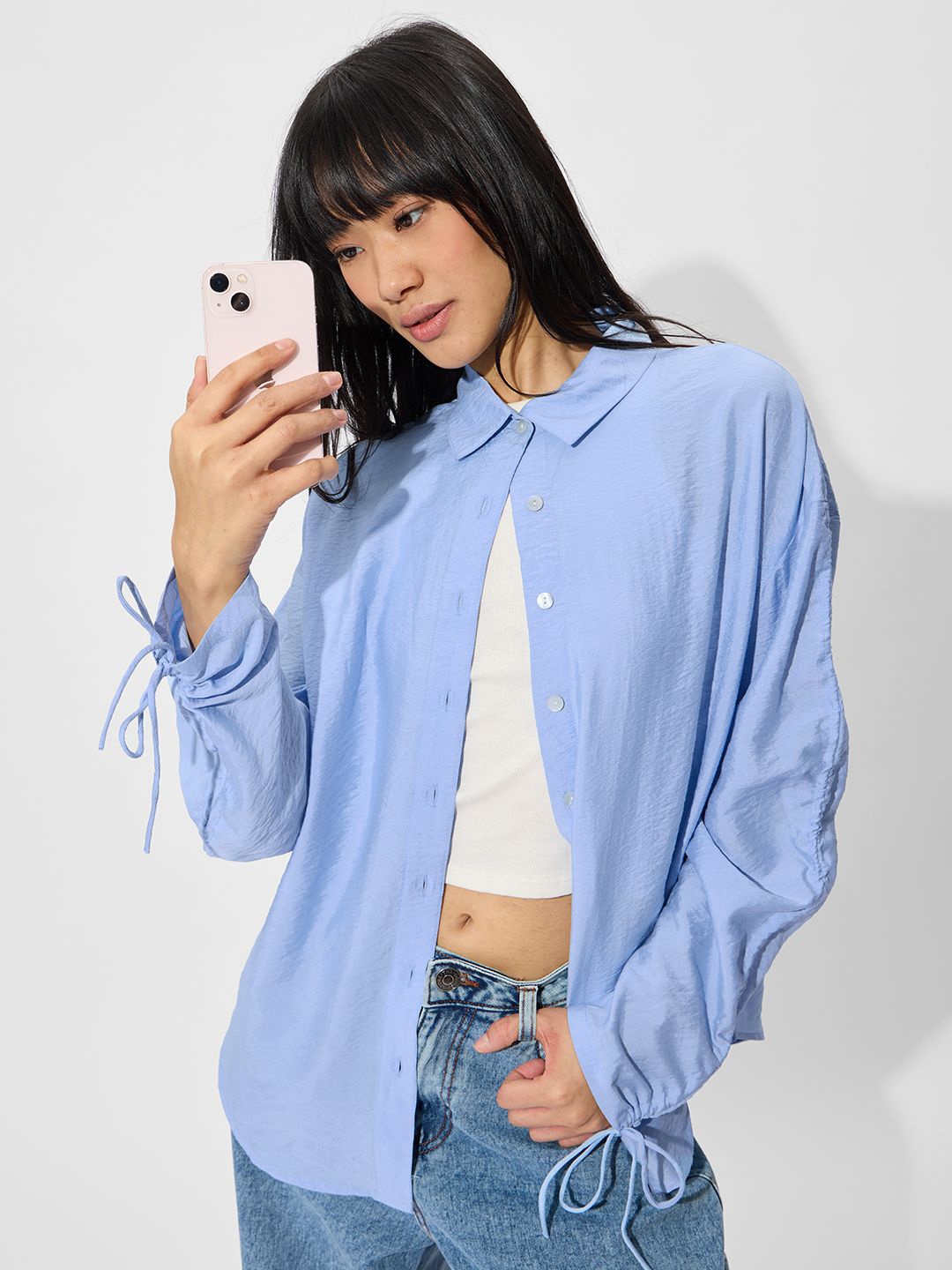 

The Souled Store Women Tie-Sleeve Button-Up Shirt, Blue