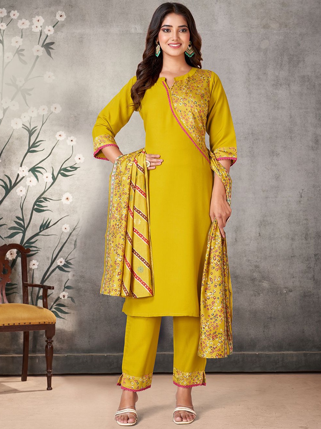 

KALINI Geometric Printed Straight Kurta With Trousers & Dupatta, Yellow