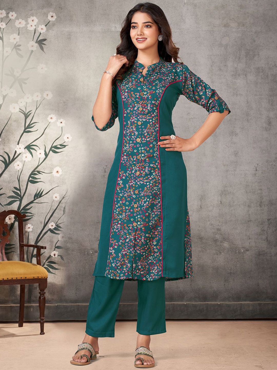 

KALINI Ethnic Motifs Printed Mandarin Collar Straight Kurta With Trouser, Green