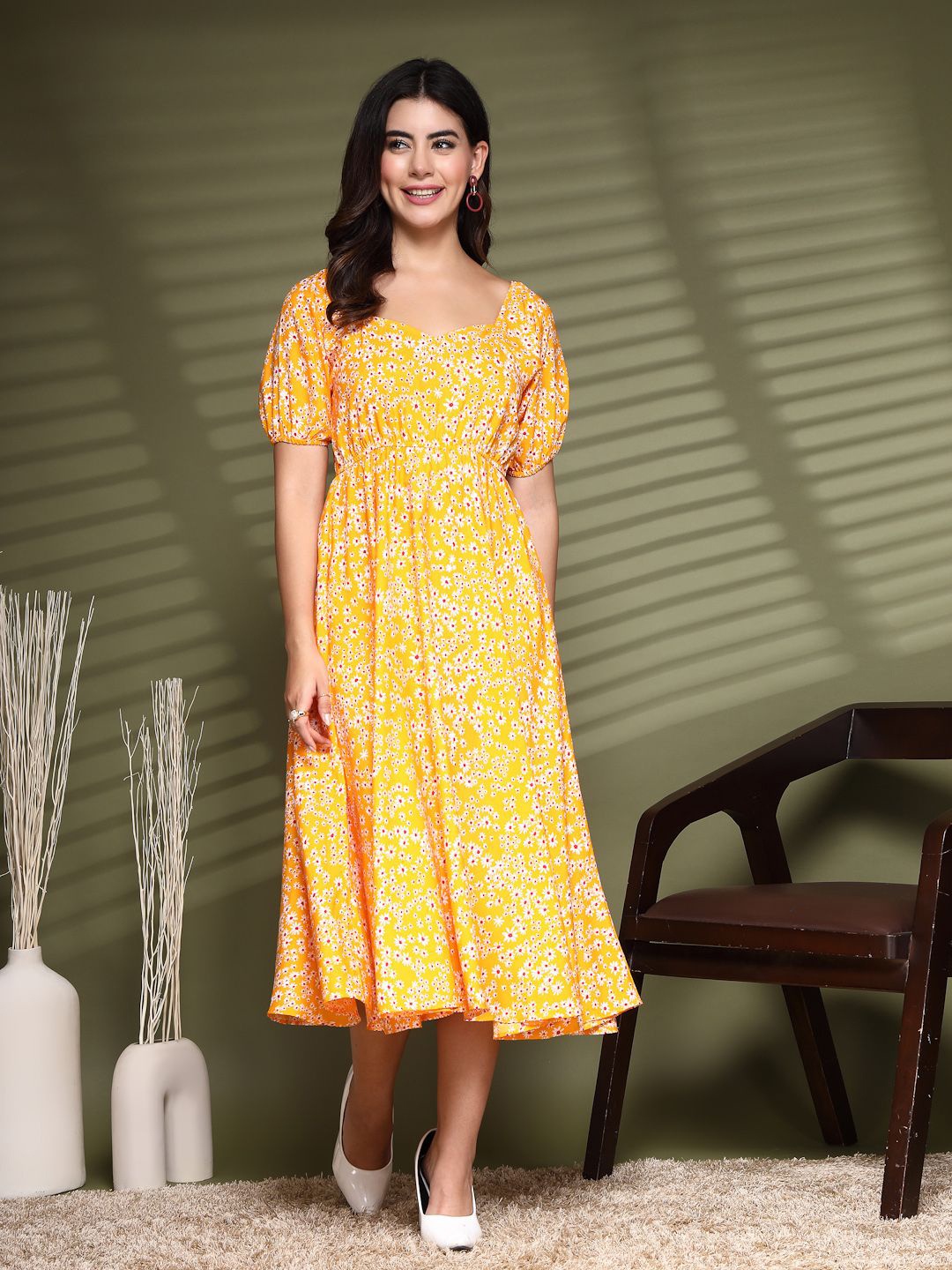 

Oomph! Women Floral Printed Fit & Flare Midi Dress, Yellow