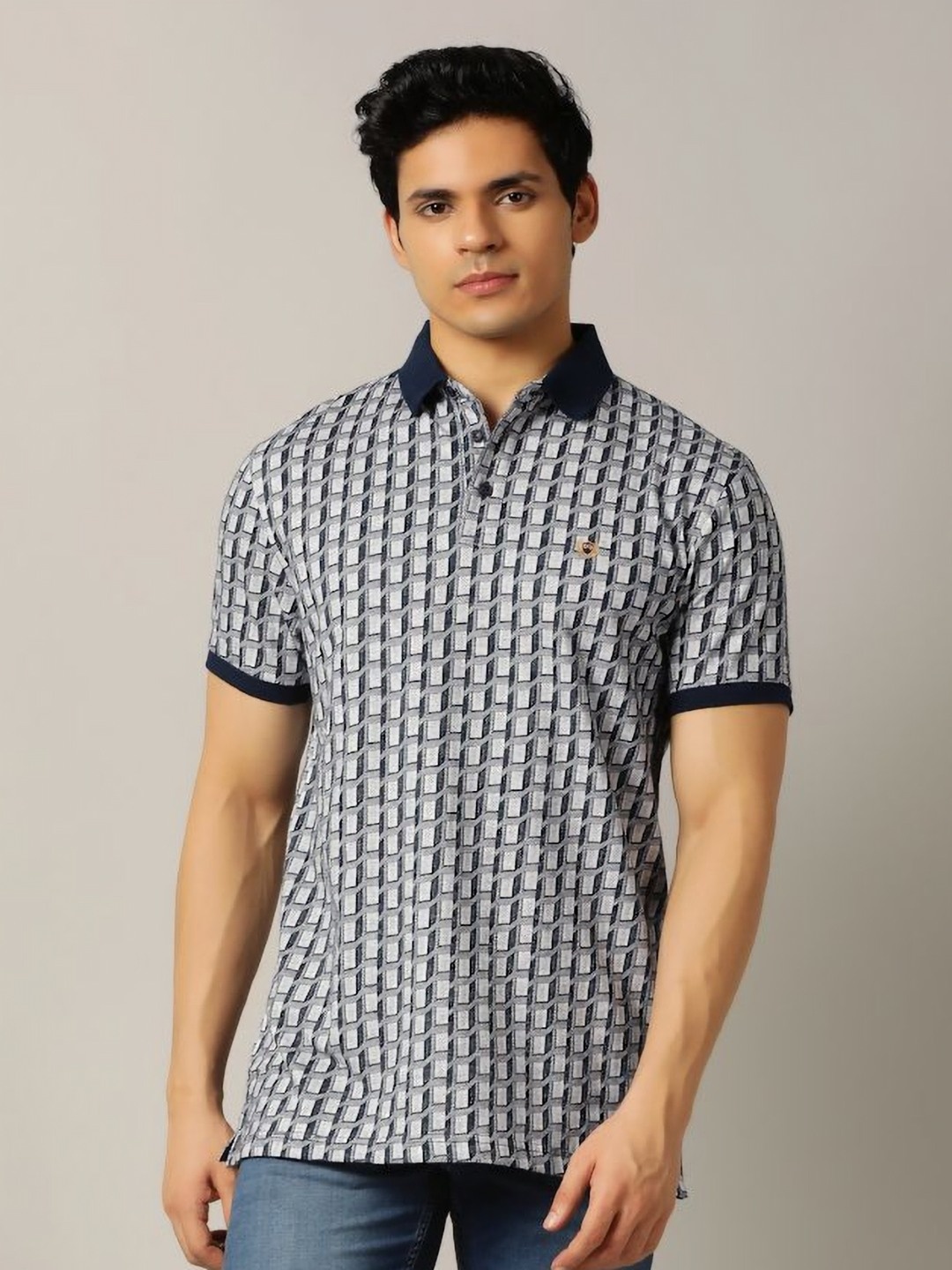 

JADE BLUE Men Polo Collar Pure Cotton Pockets Slim Fit T-shirt, Navy blue