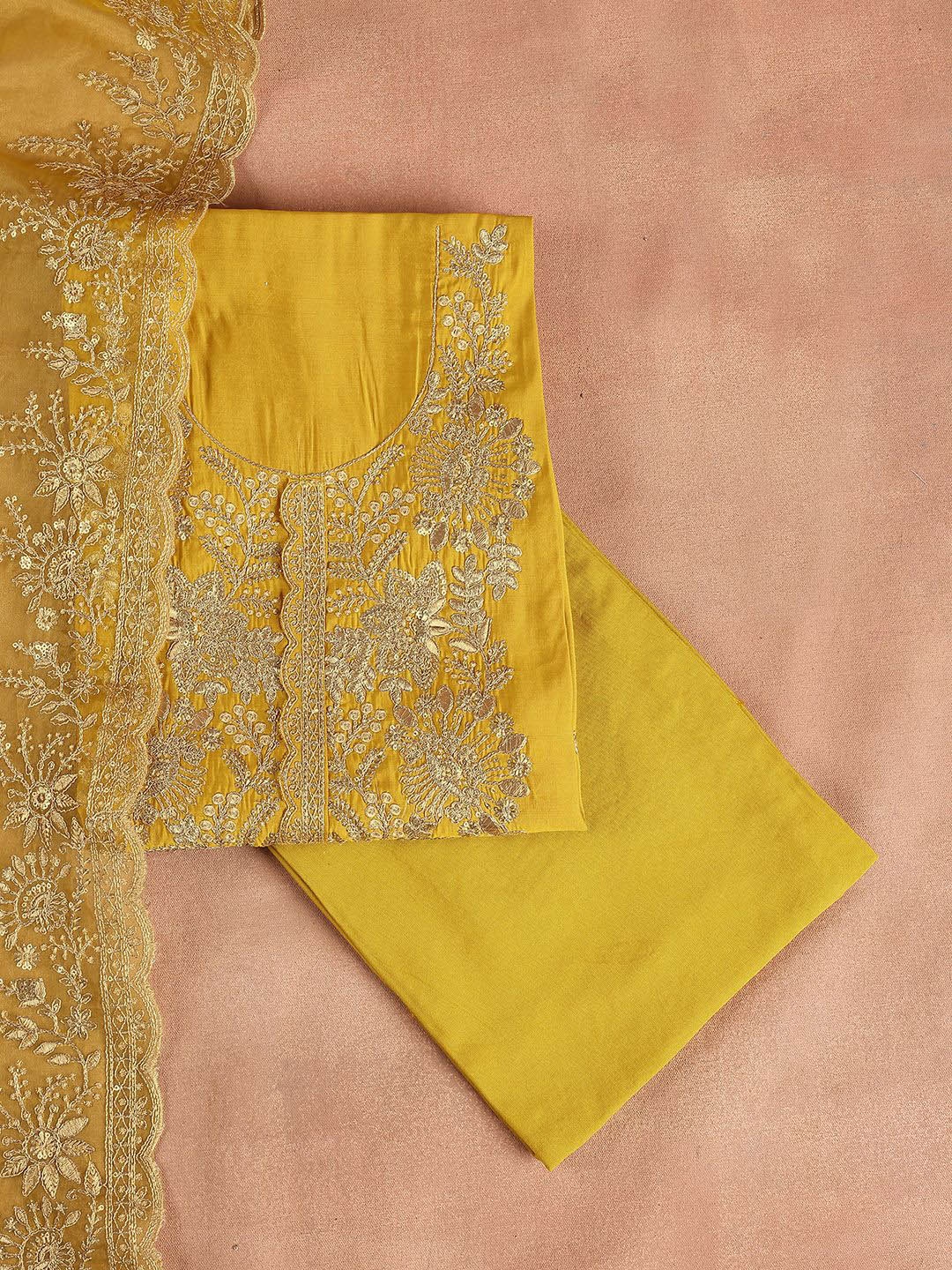 

Libas Mustard Yellow Floral Embroidered Sequined Unstitched Dress Material