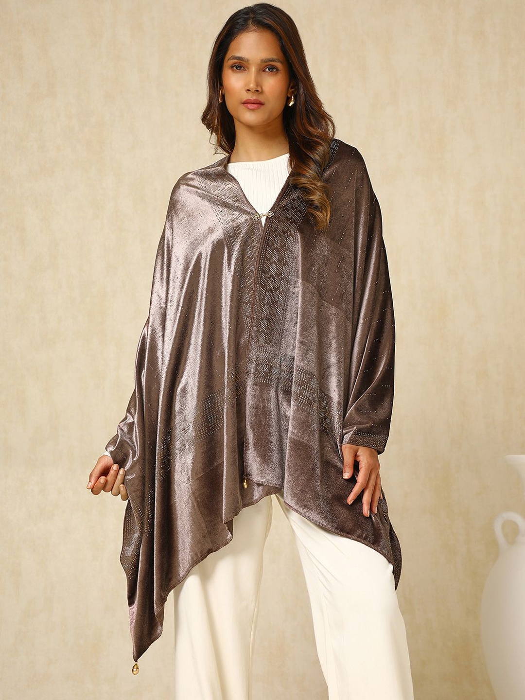 

Soch Striped Embellished Beads and Stones Velvet Shawl, Brown