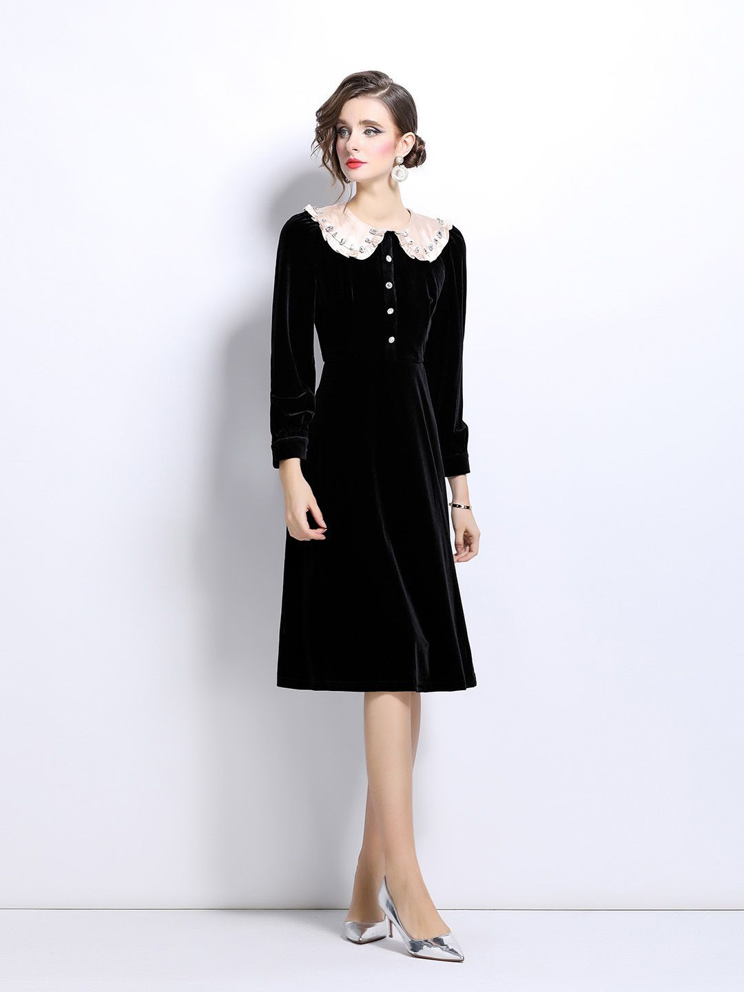 

JC Collection Women Solid Peter Pan Collar A-Line Casual Dress, Black