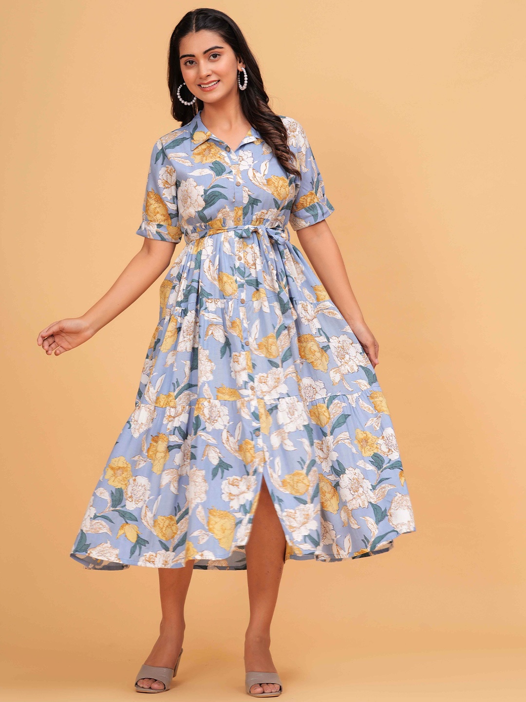 

TANISHA Women Floral Print Fit & Flare Dress With Belt, Blue