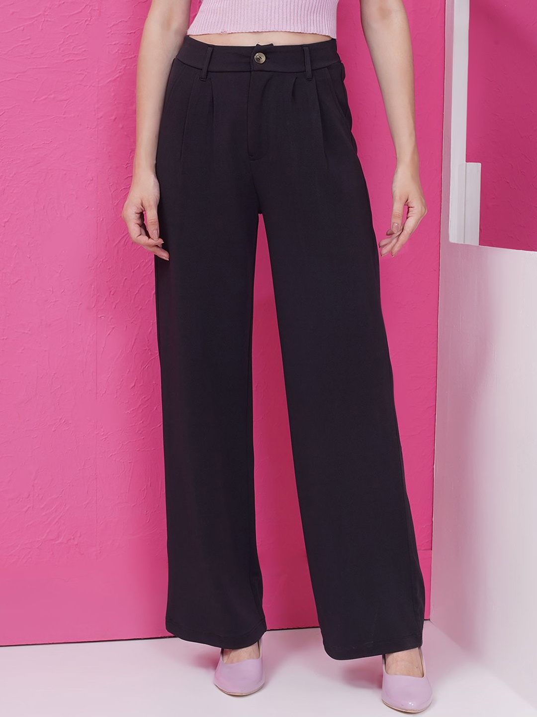 

PUELLA Women Original High-Rise Wrinkle Free Bootcut Pleated Trousers, Black