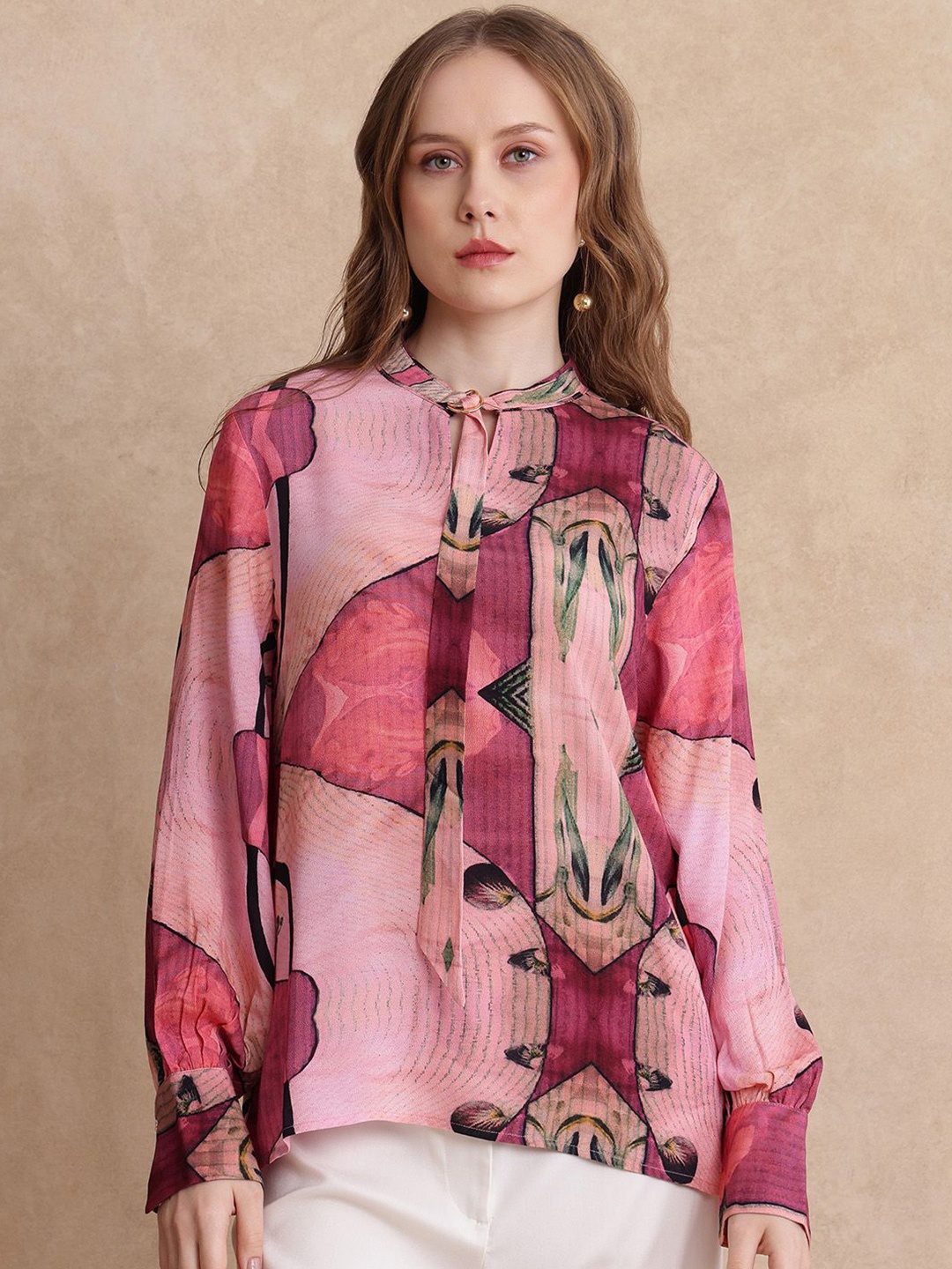

RAREISM Women Round Neck Abstract Print Cotton Top, Pink