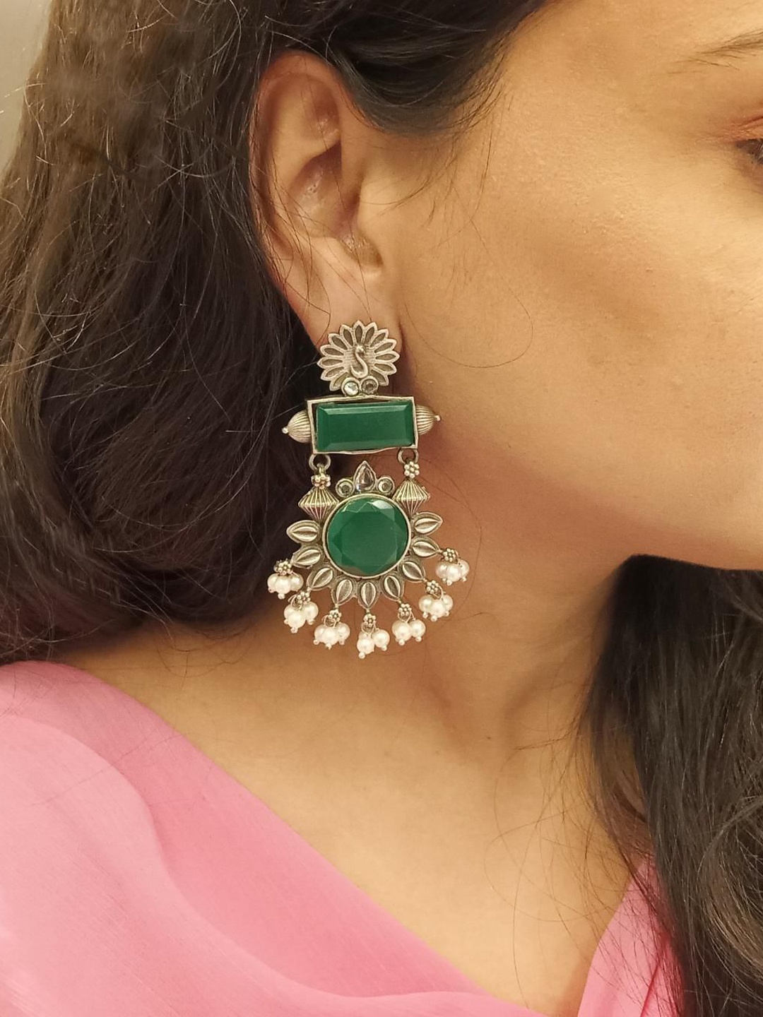 

Efulgenz Rhodium-Plated Crystals Studded Contemporary Drop Earrings, Green