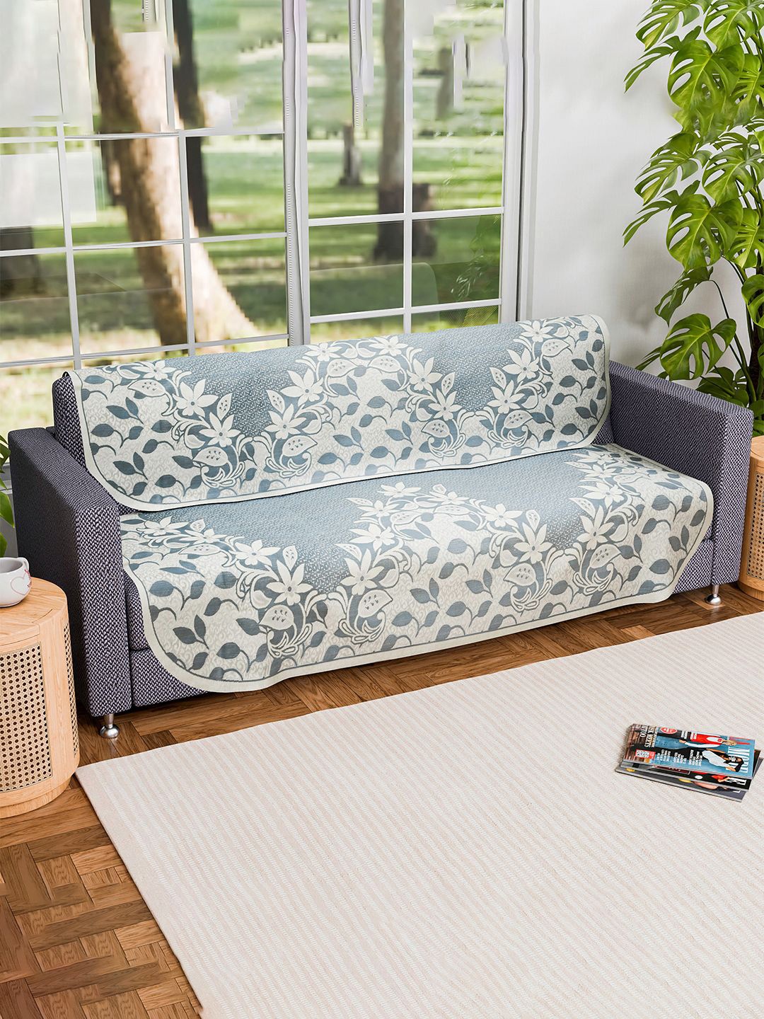 

Kuber Industries Blue & Off White 2 Pieces Printed Cotton 3-Seater Sofa Covers