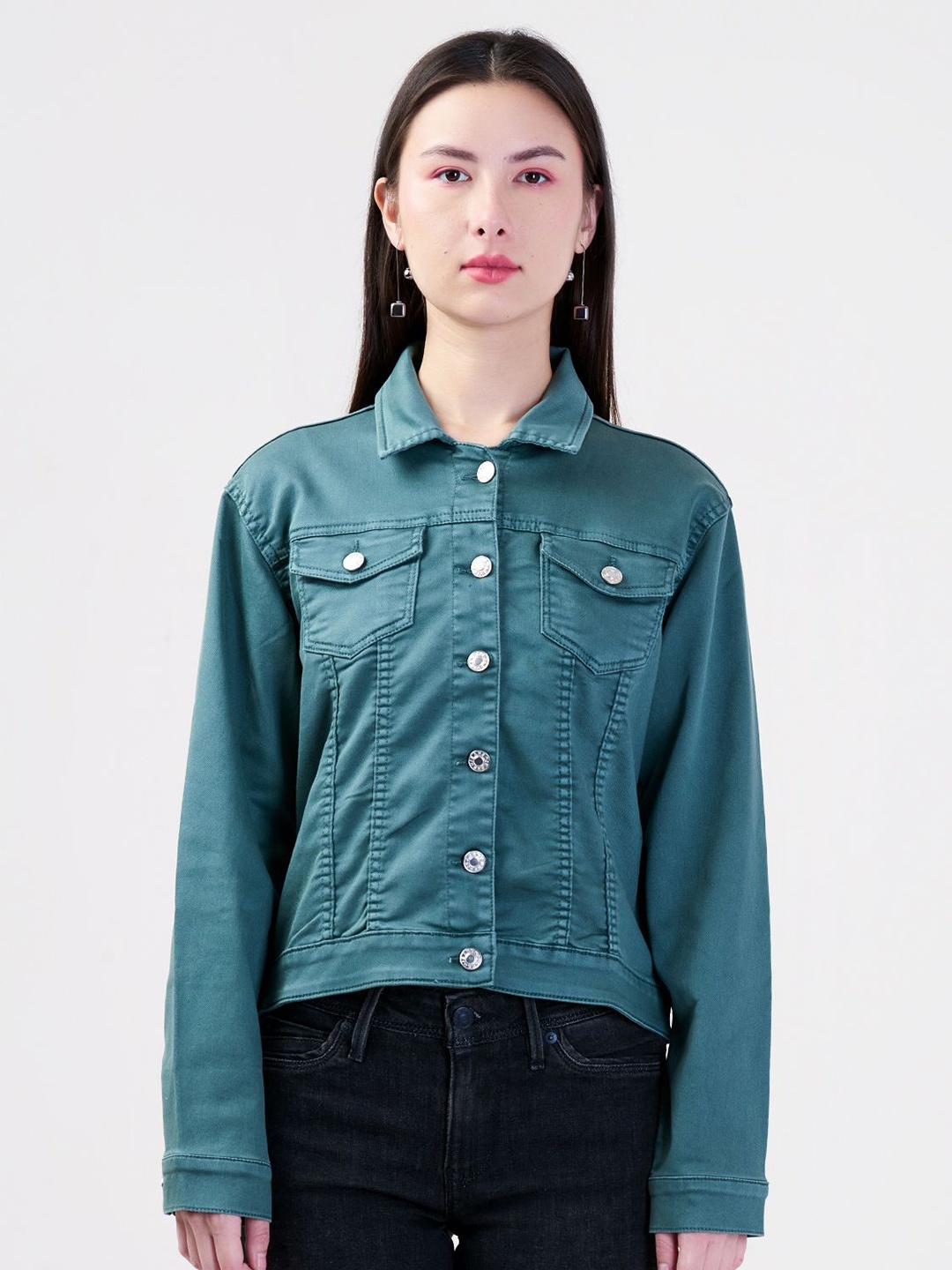 

Albion By CnM Women Shirt Collar Long Sleeves Front-Open Sweatshirt, Green