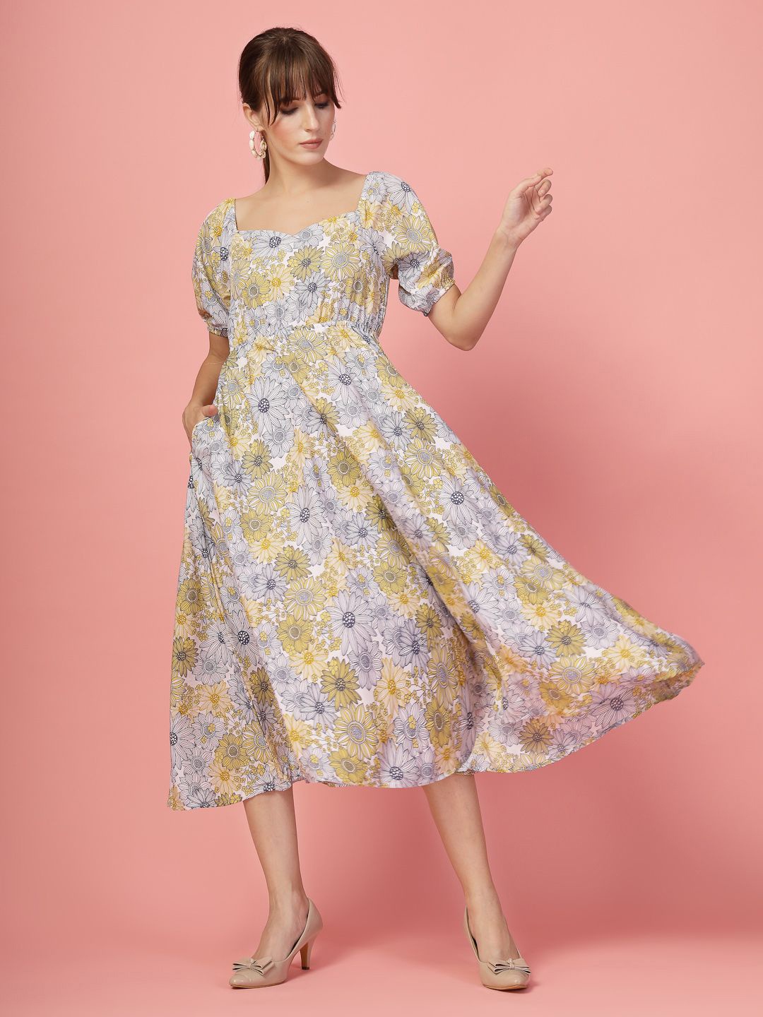 

Oomph! Floral Printed Puff Sleeve Fit & Flare Midi Dress, Yellow