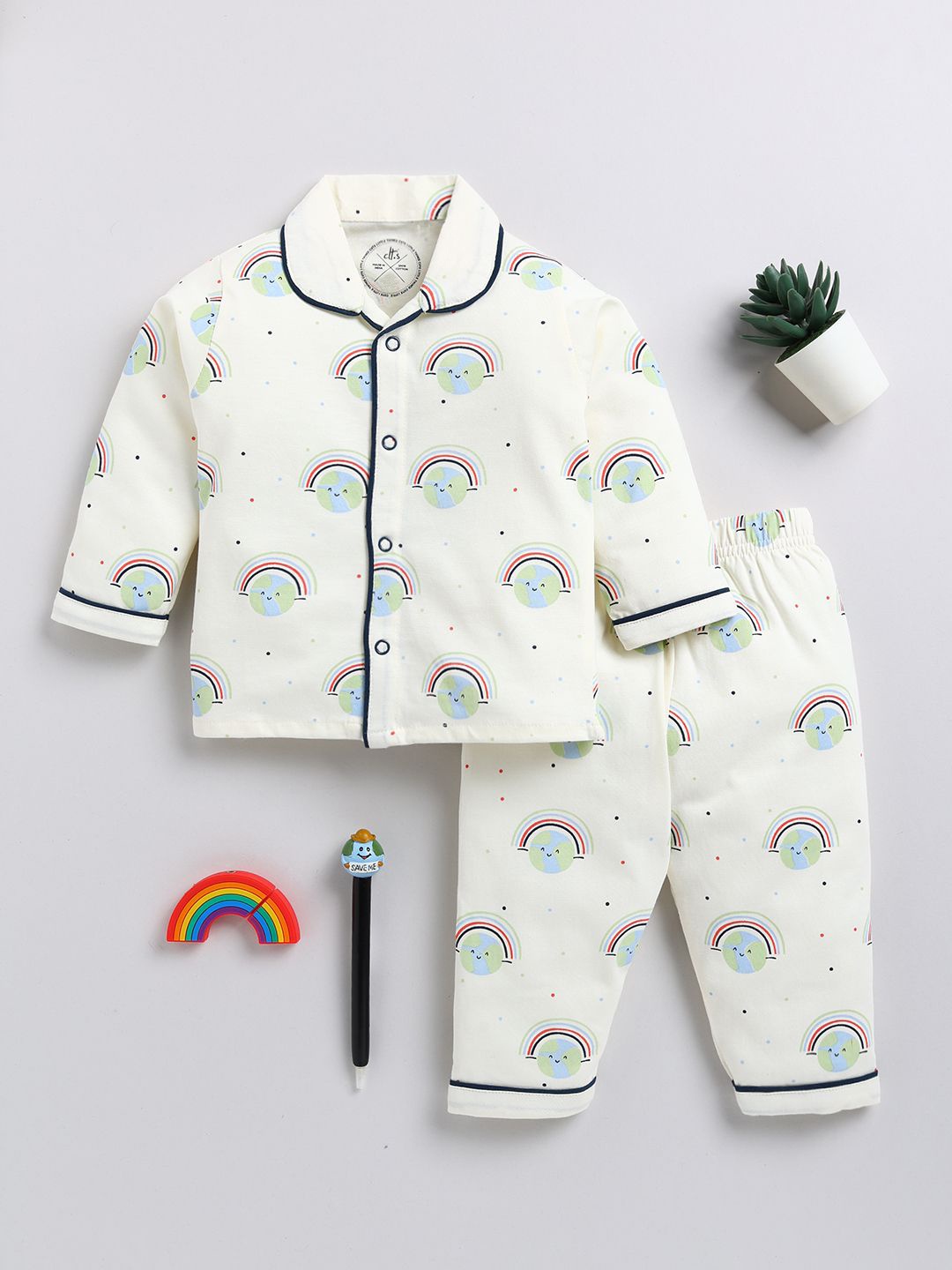 

Clt.s Kids - Unisex Graphic Printed Pure Cotton Shirt Collar Night suit, Cream