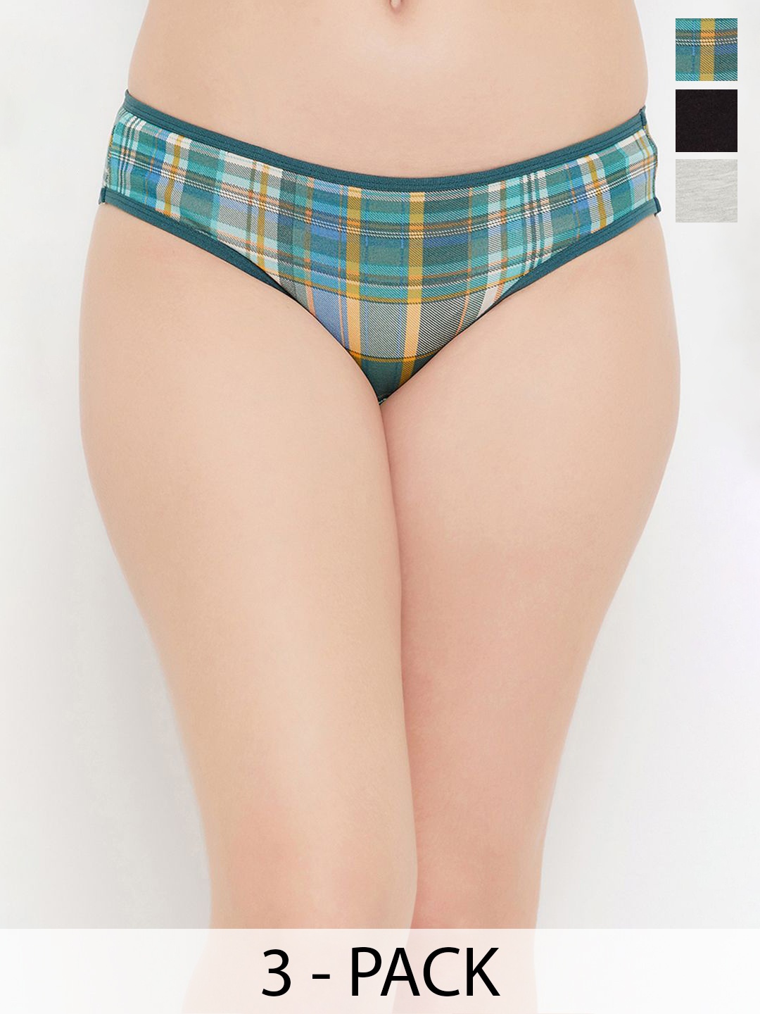 

Clovia Pack Of 3 Cotton Checked Low- Rise Bikini Briefs PNC5300123XL-Multi, Green