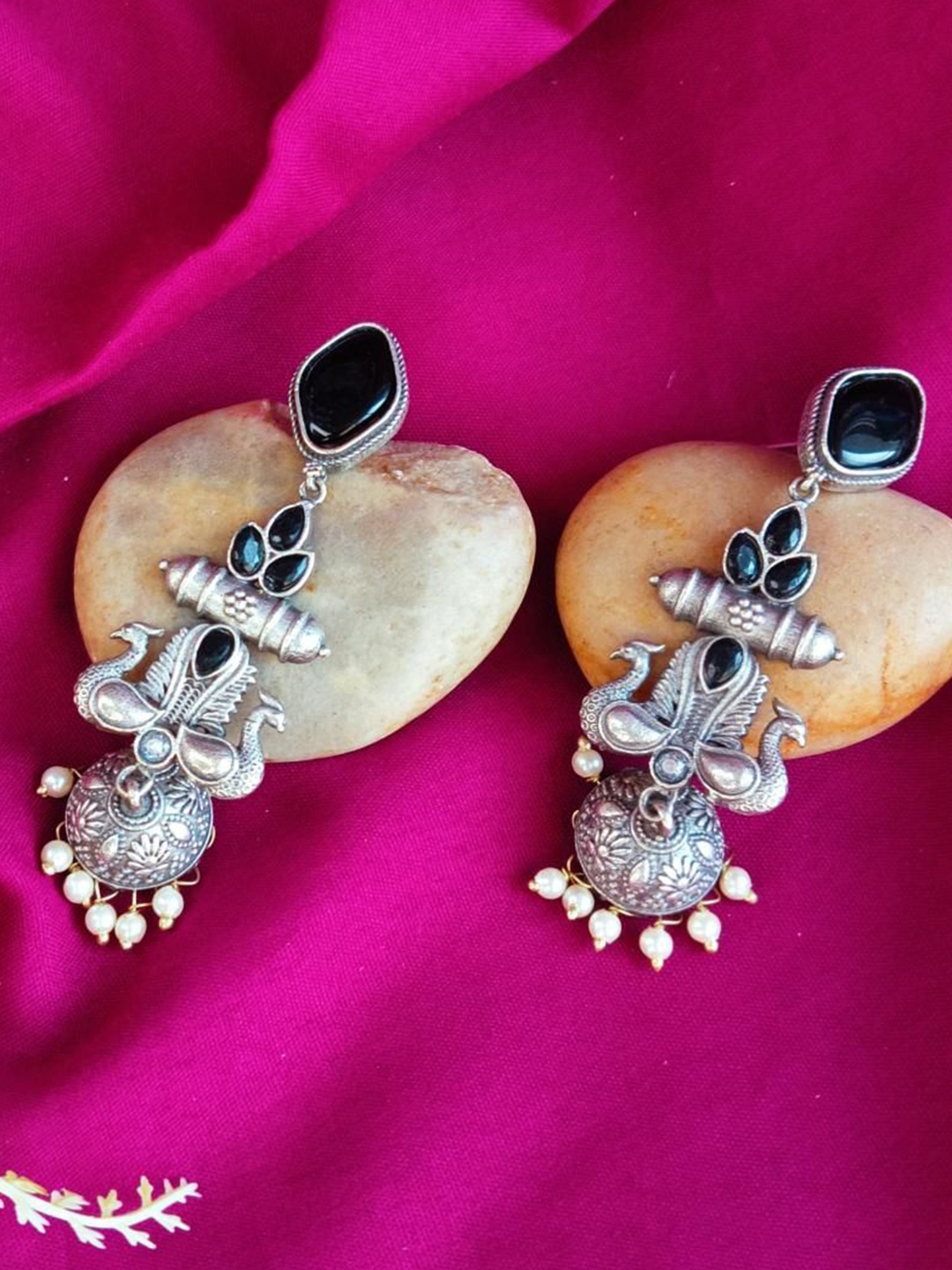 

Efulgenz Silver-Plated Dome Shaped Crystal Studded Oxidised Jhumkas