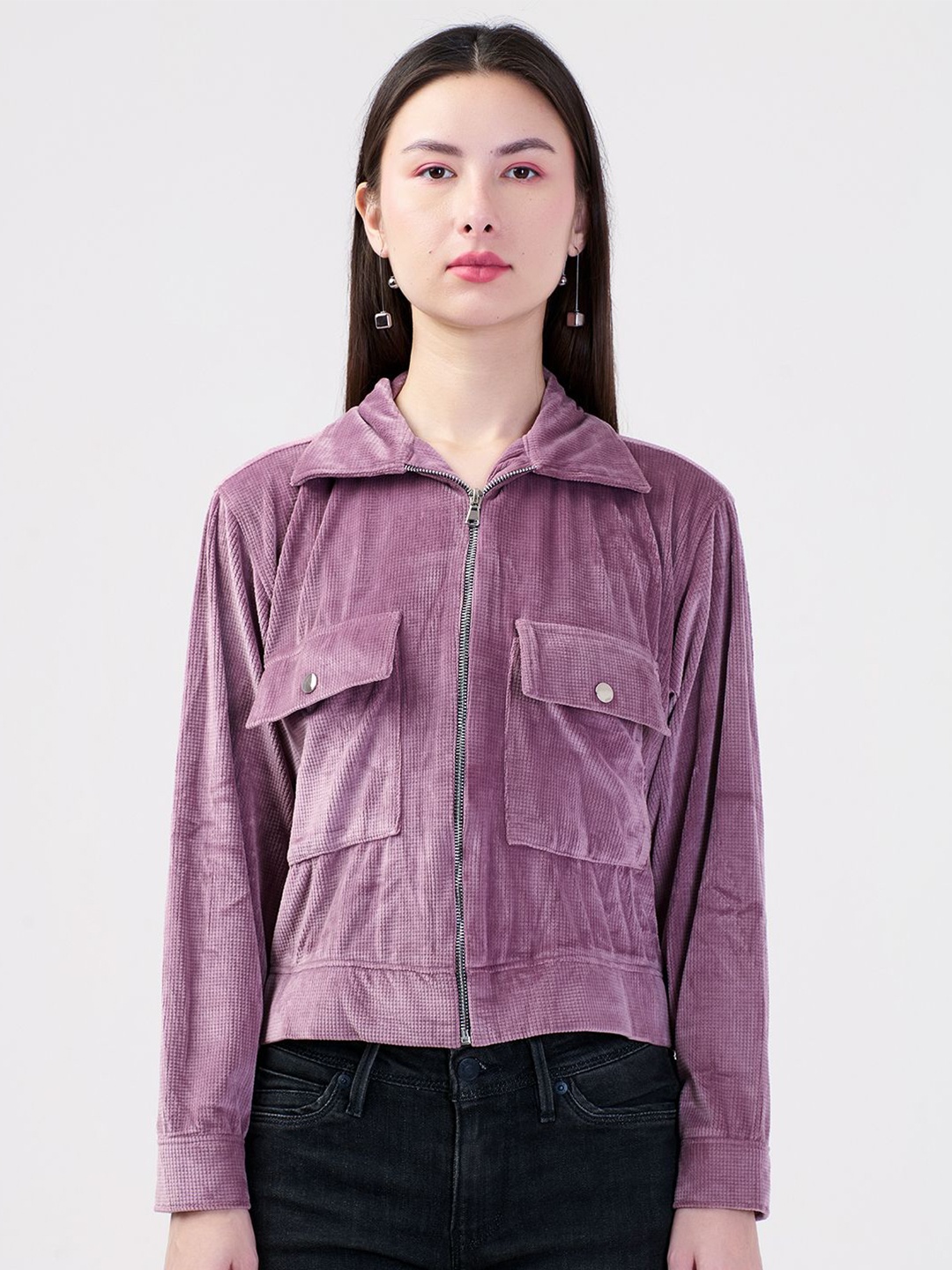 

Albion By CnM Women Cotton Self Design Shirt Collar Front-Open Sweatshirt, Mauve