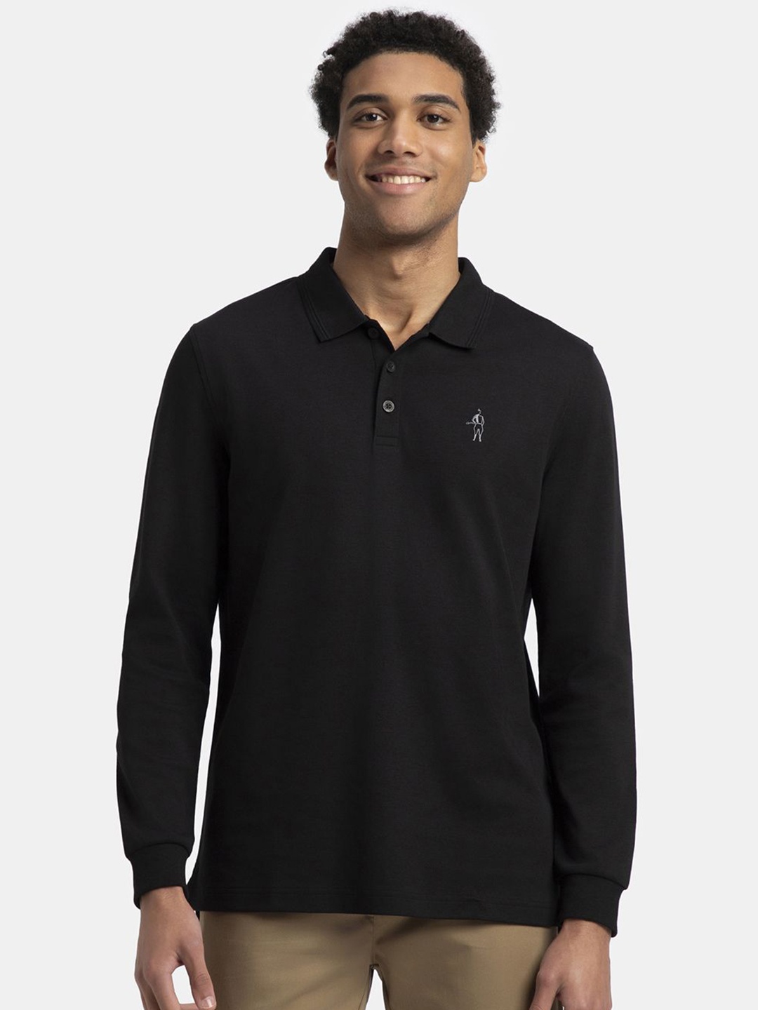 

Jockey Super Combed Cotton Rich Solid Full Sleeve Polo Tshirt with Ribbed Cuffs - 3914, Black