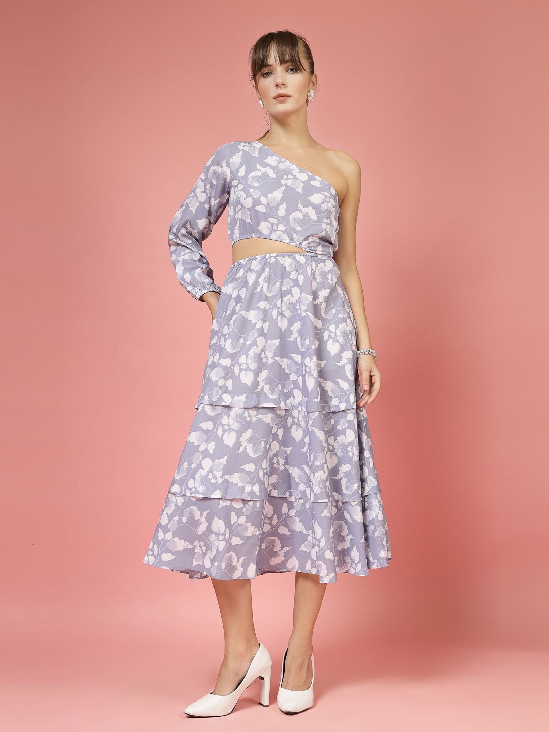 

Oomph! Women Floral Printed Cut-Outs One Shoulder A-Line Midi Dress, Purple