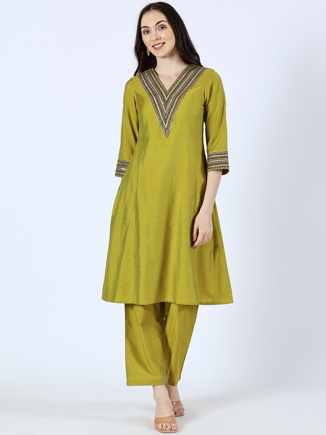 

Saffron Threads Geometric Embroidered Mirror Work A Line Kurta with Trousers, Green