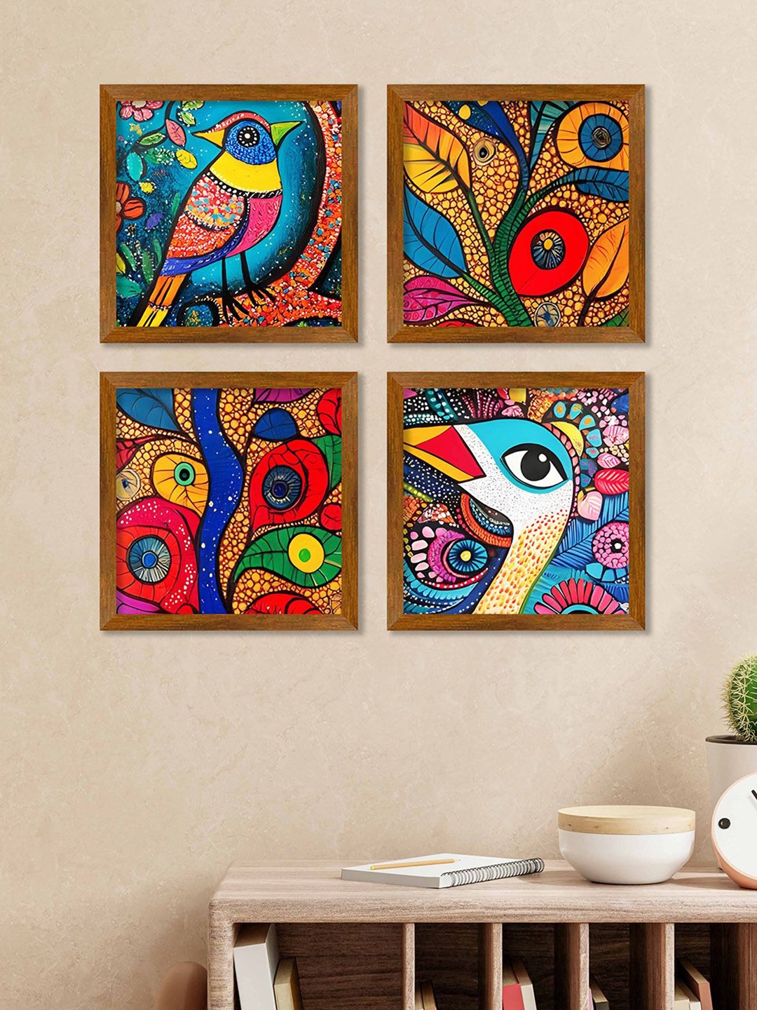 

ArtVibes Blue & Red 4 Pieces Colorful Bird Wooden Painting Wall Arts