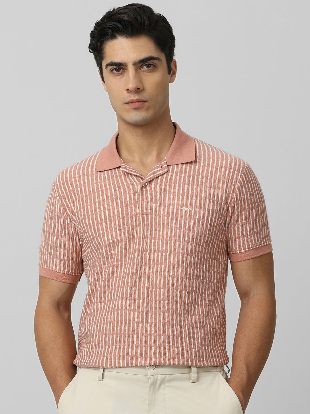 

Mufti Men Striped Polo Collar Cotton Slim Fit T-shirt, Pink