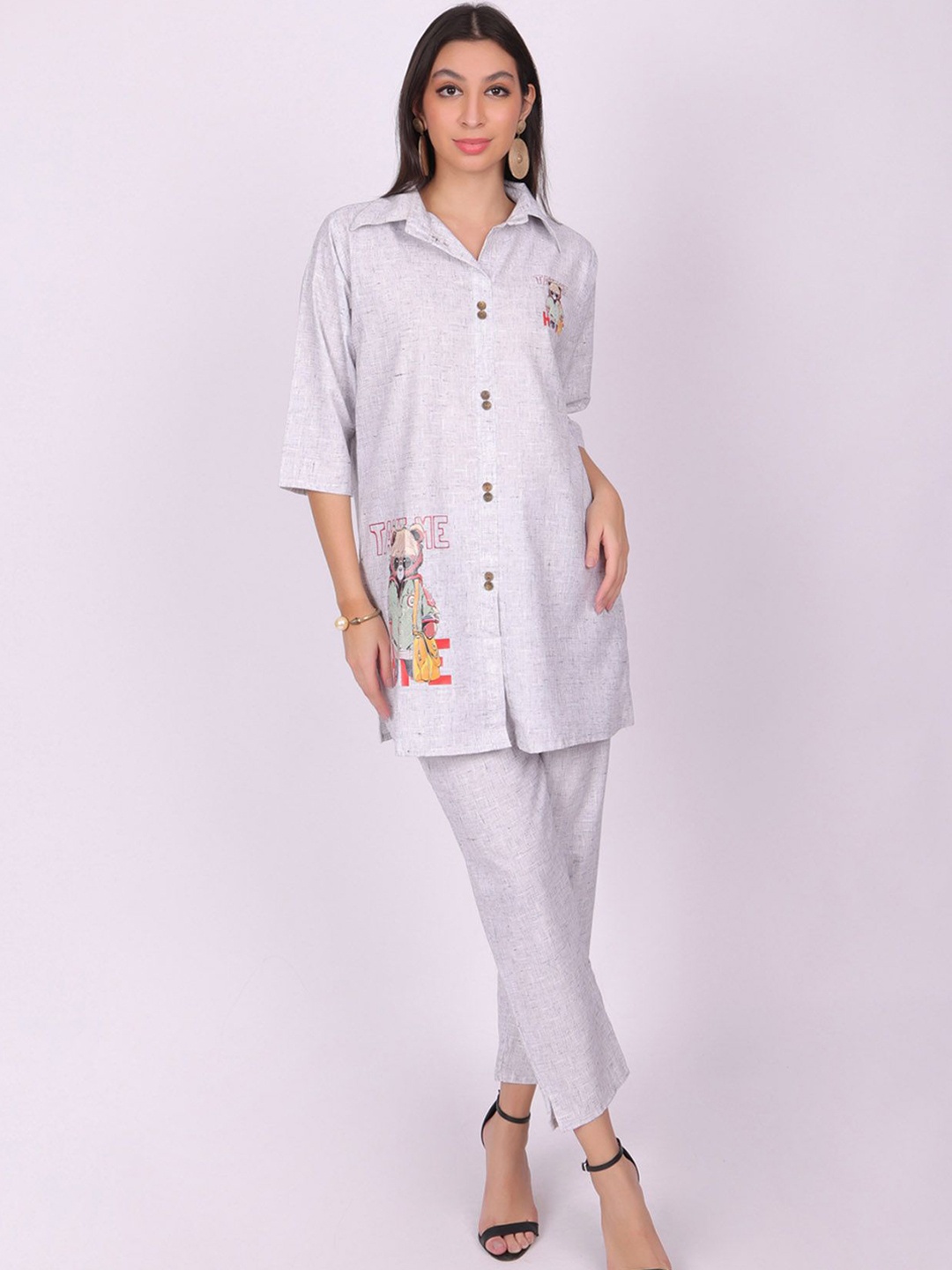 

Navvi Shirt Collar Pure Cotton Tunic With Trousers, Off white