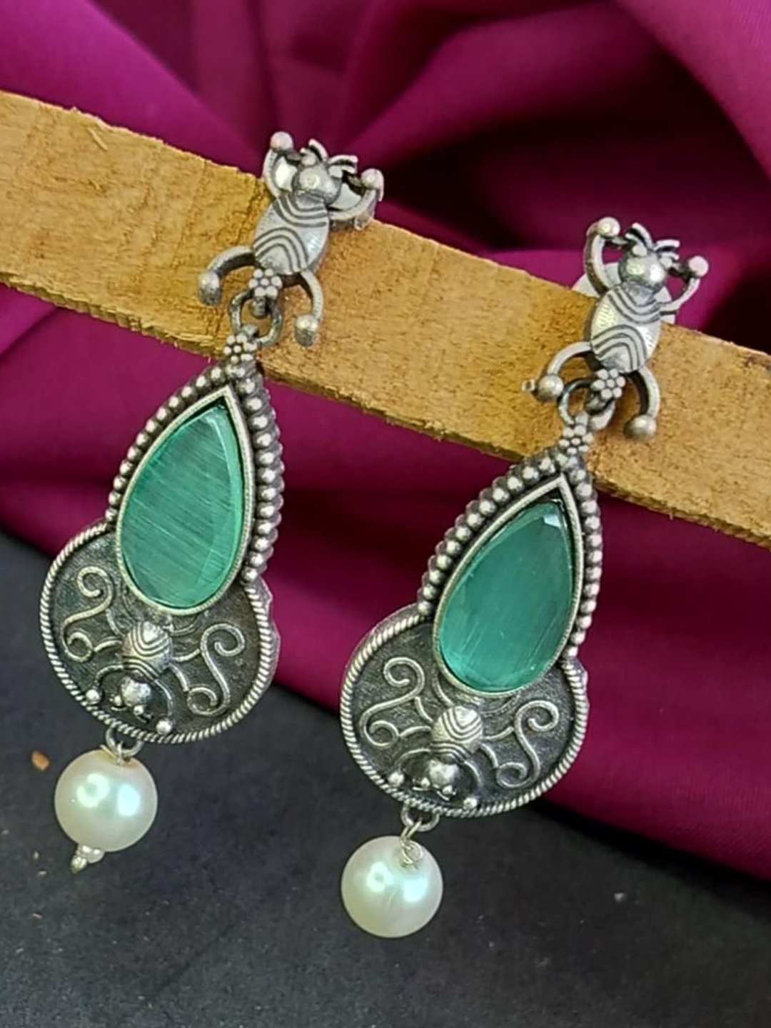 

Efulgenz Rhodium-Plated Crystals Studded Contemporary Drop Earrings, Green