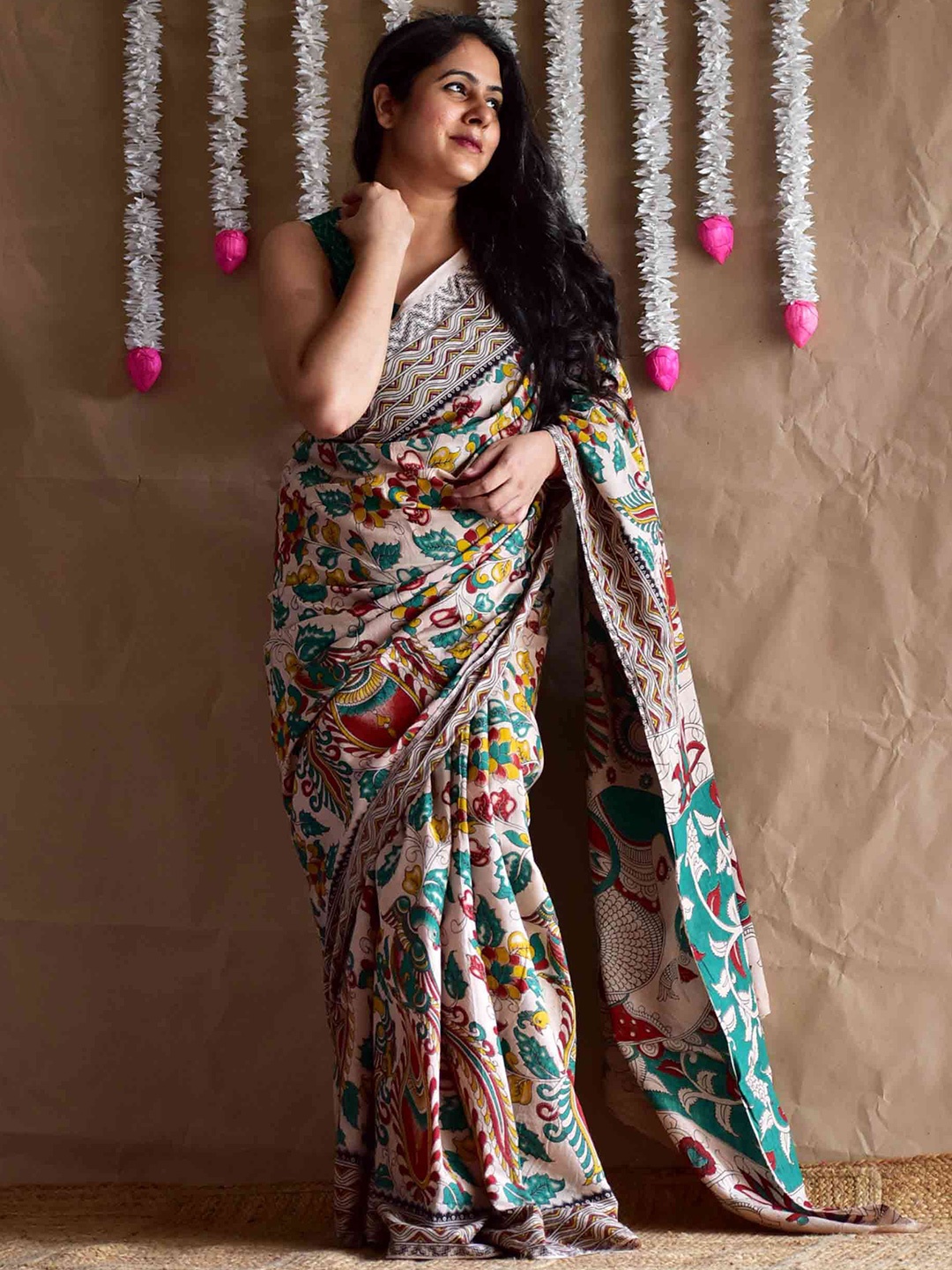 

Sundarii Kalamkari Printed Pure Cotton Saree, Beige