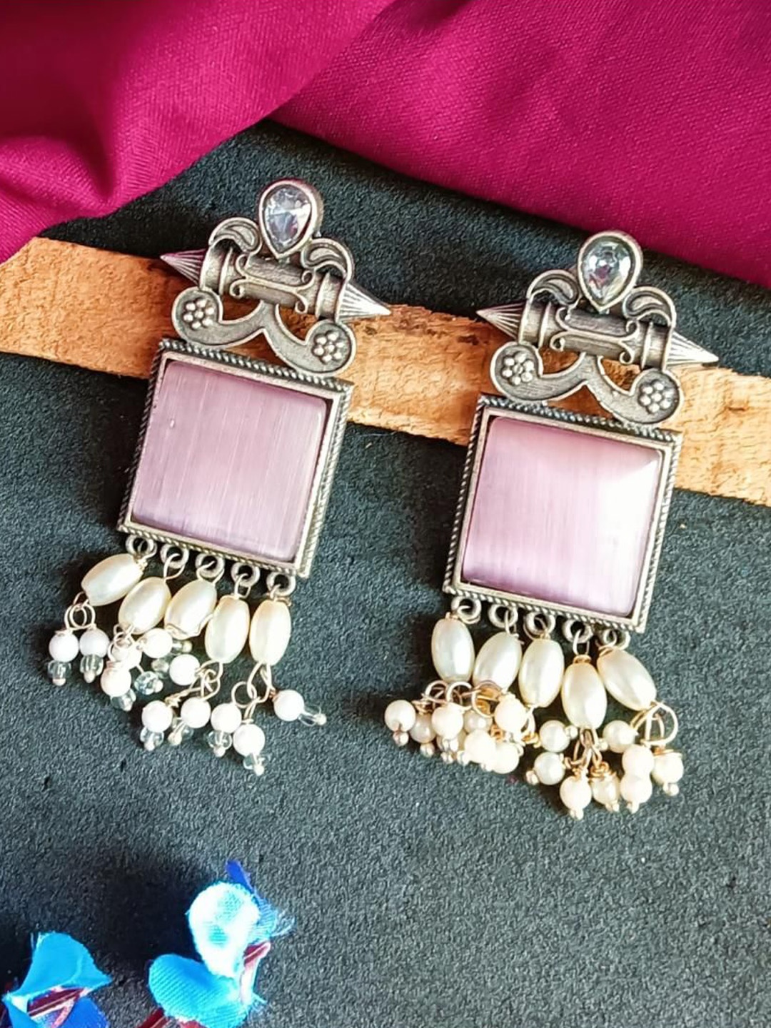 

Efulgenz Silver-Plated Oxidised Beaded Square Crystals Drop Earrings