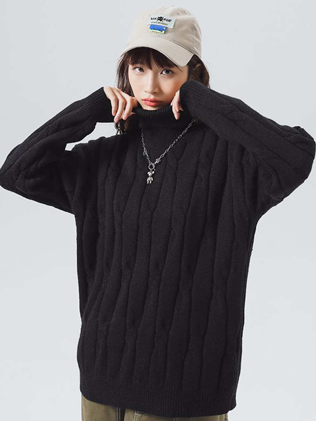 

StyleCast x Revolte Women Cable Knit Turtle Neck Longline Pullover Sweater, Black