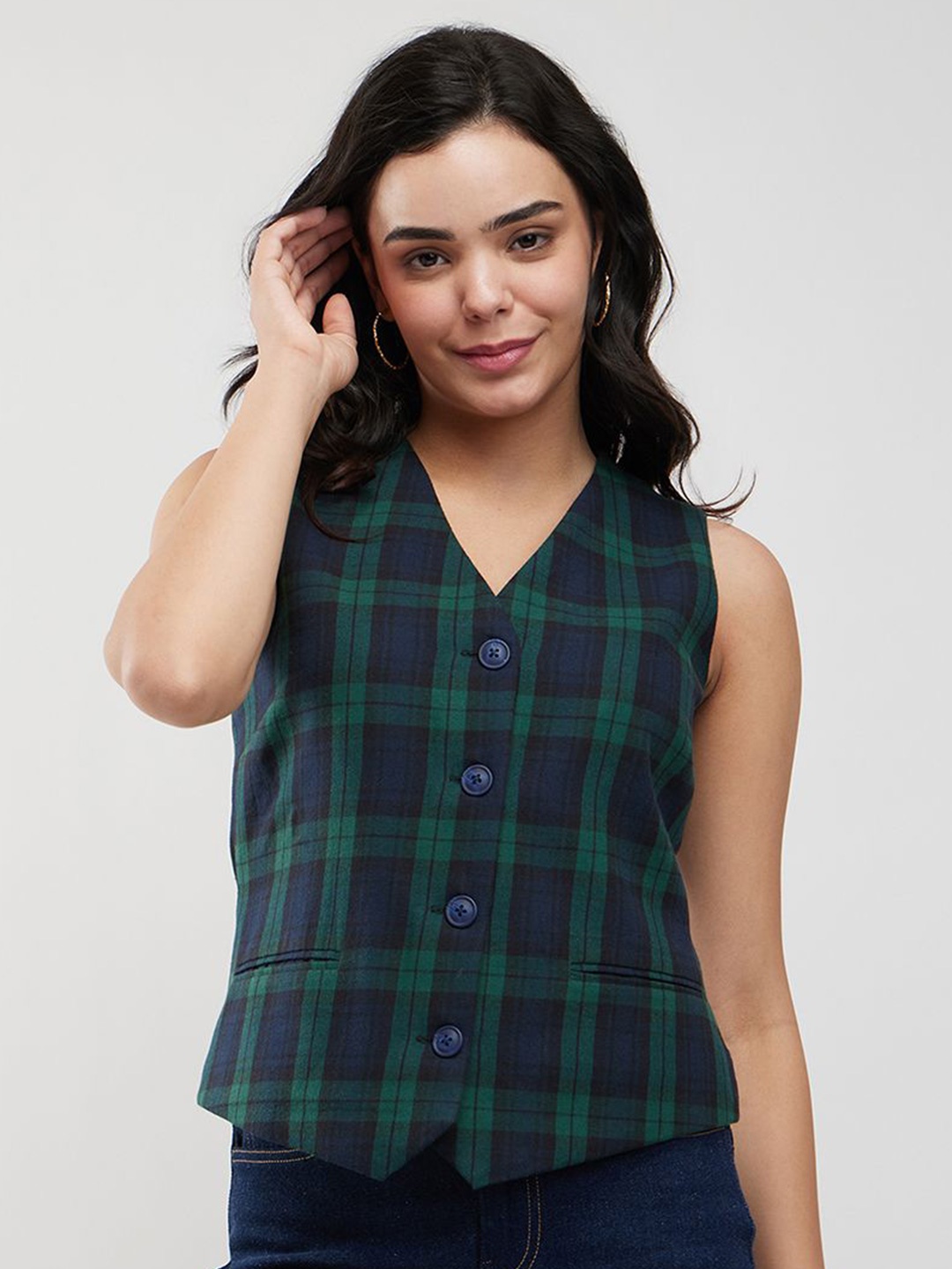 

FableStreet V-Neck Checked Cotton Top, Green