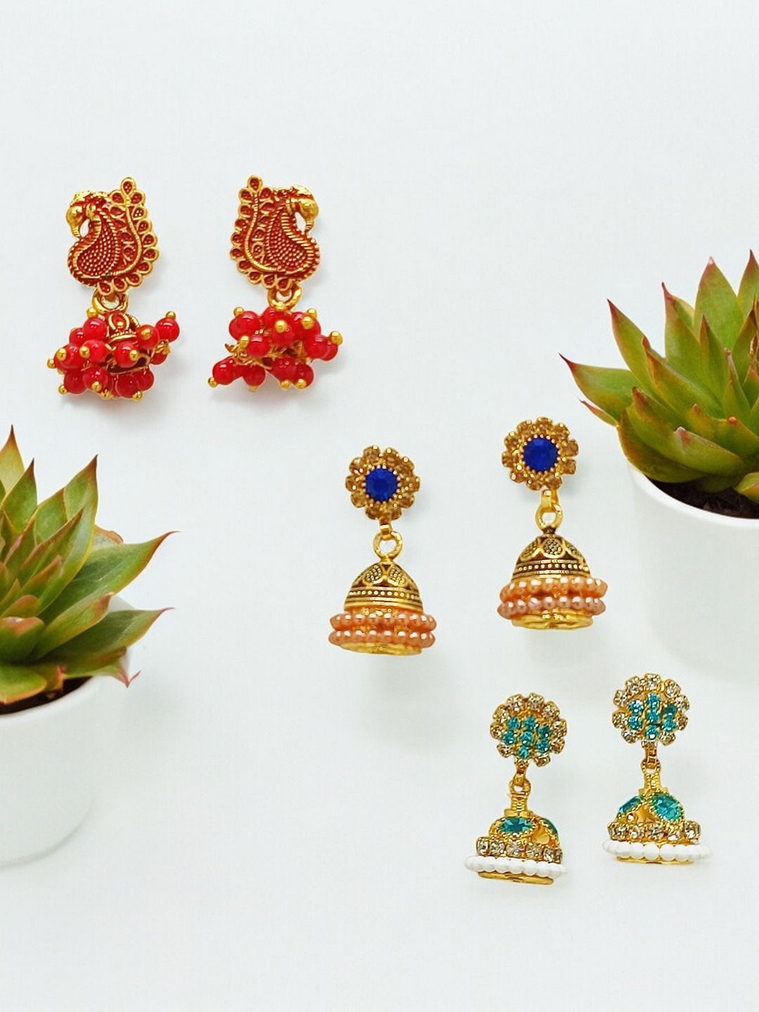 

9blings Set Of 3 Gold-Plated Stone Studded Dome Shaped Jhumkas