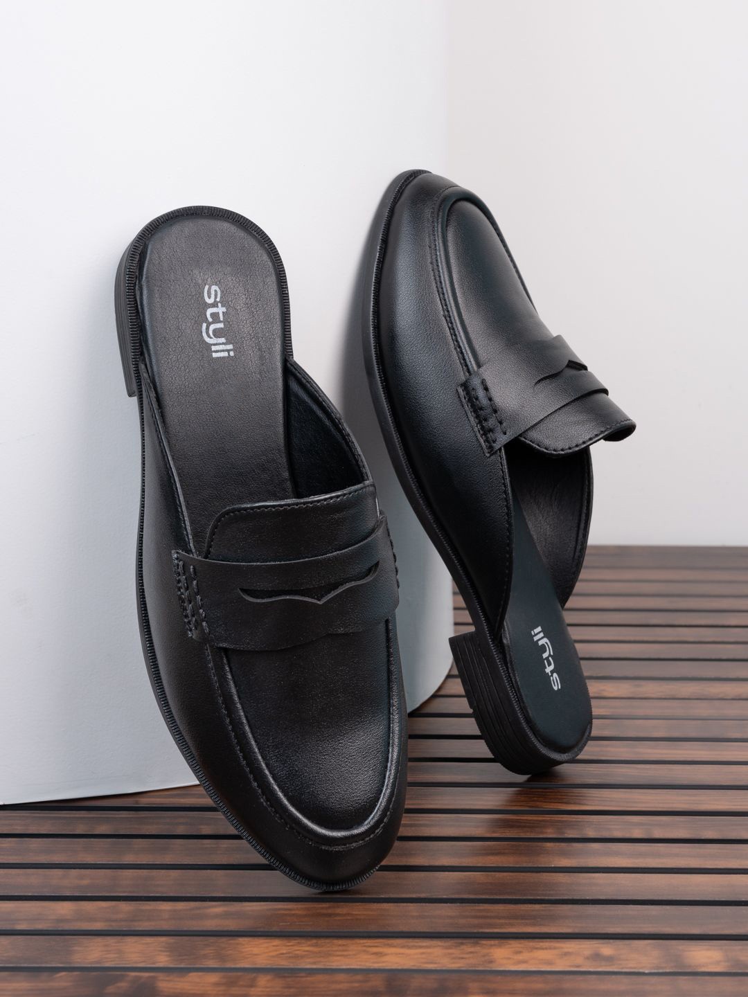 

Styli Men Faux Leather Black Classic Slip On Loafer Mules