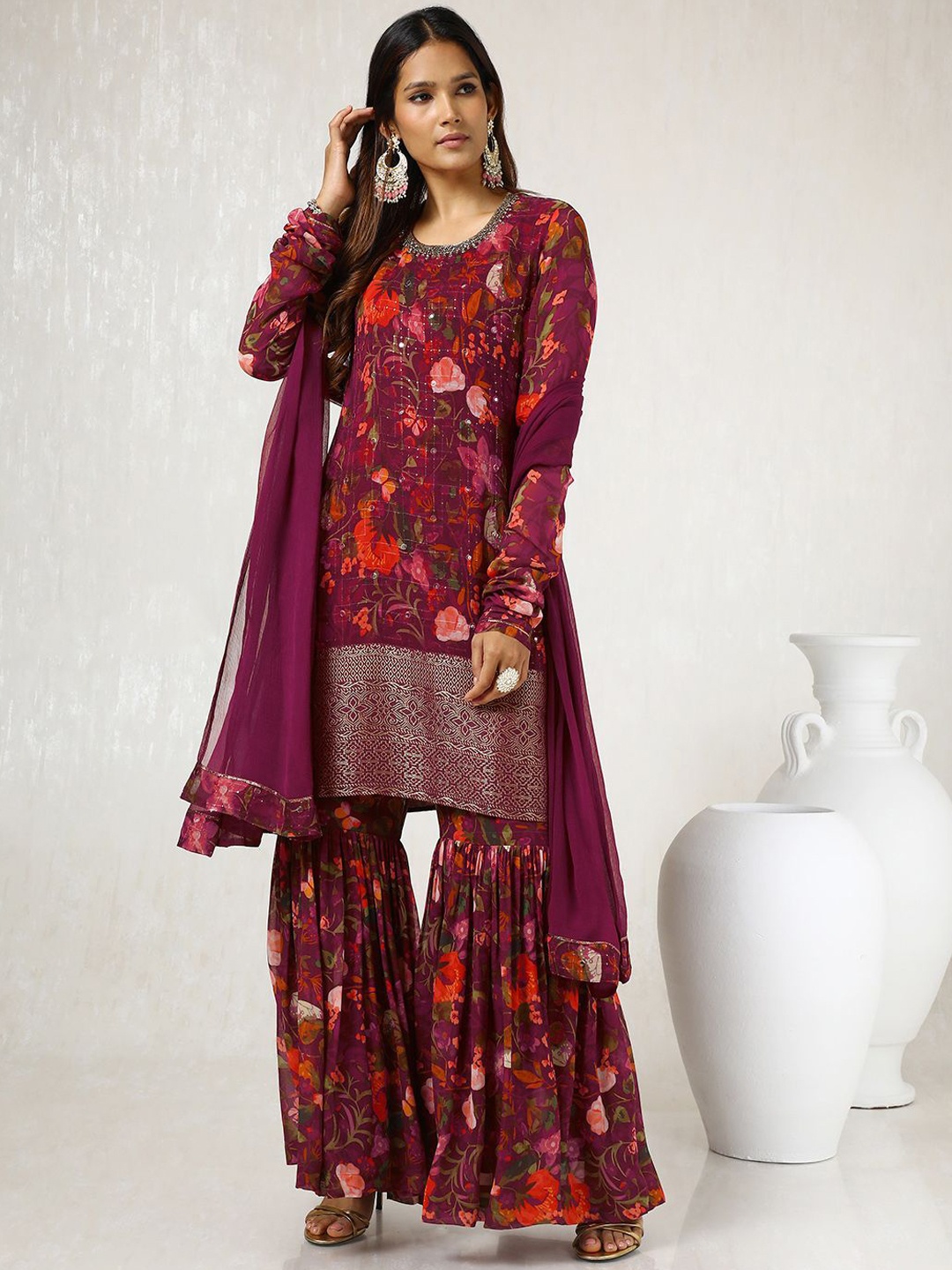 

Soch Maroon Floral Printed Mirror Work Kurta With Sharara & Dupatta